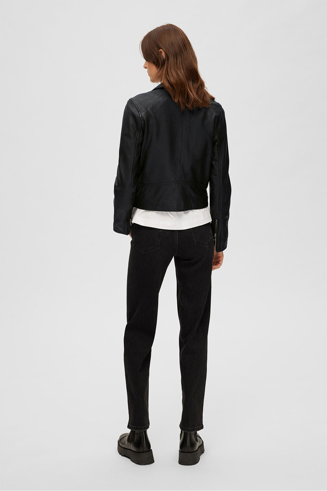 Selected 100% leather Cropped Biker Jacket . Black