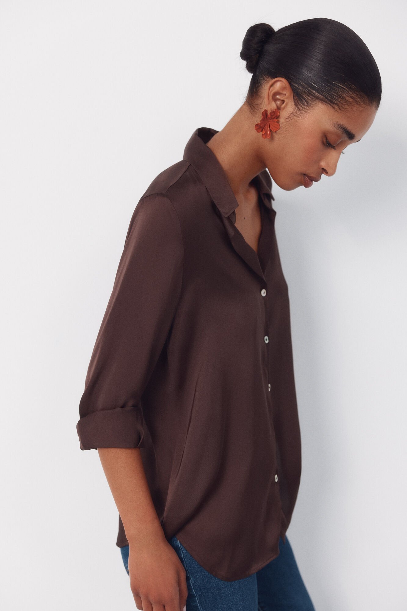 Cortefiel Satin-finish shirt Dark brown