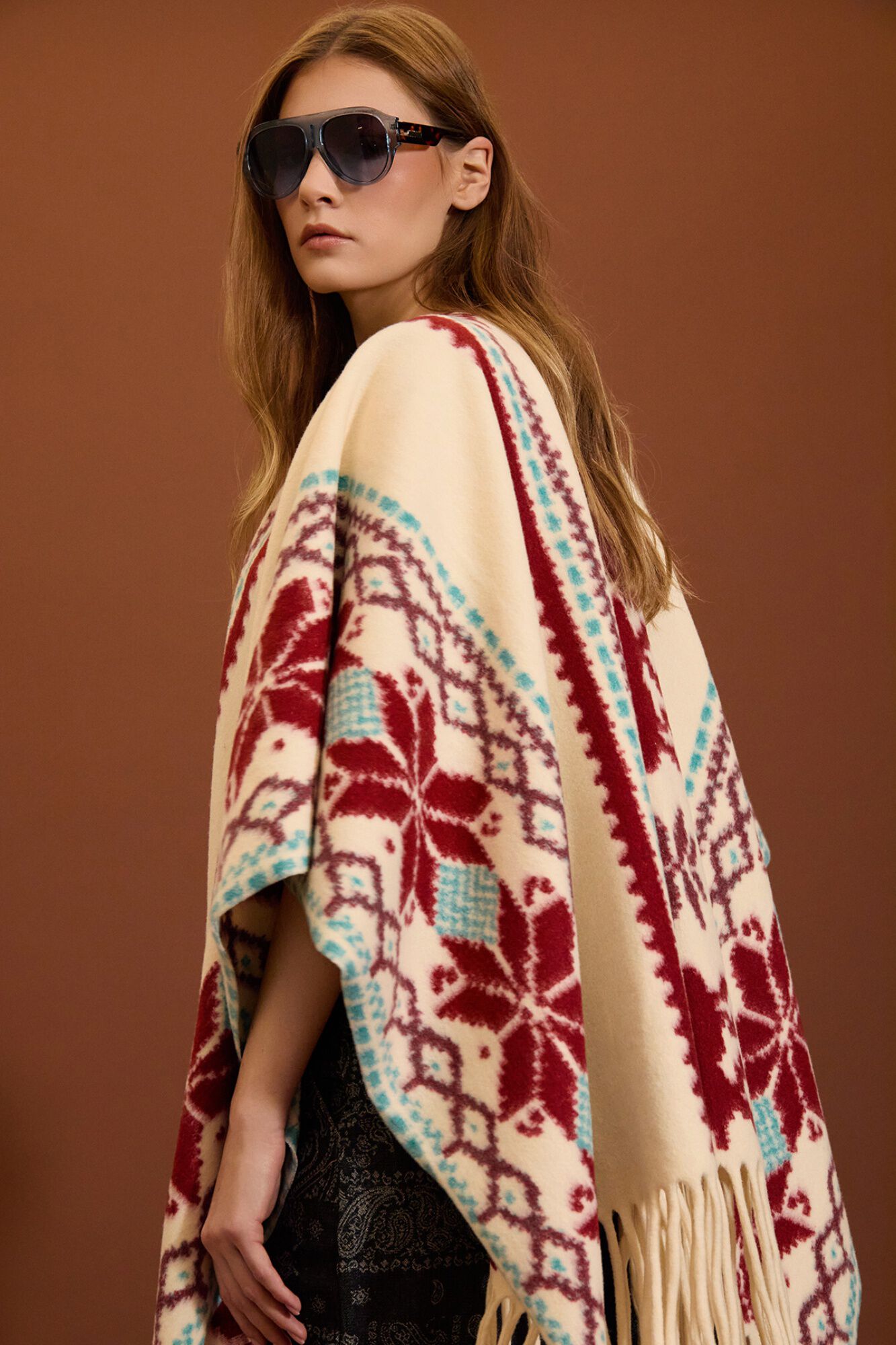 Meisie Poncho &eacute;tnico com franjas Impress&atilde;o