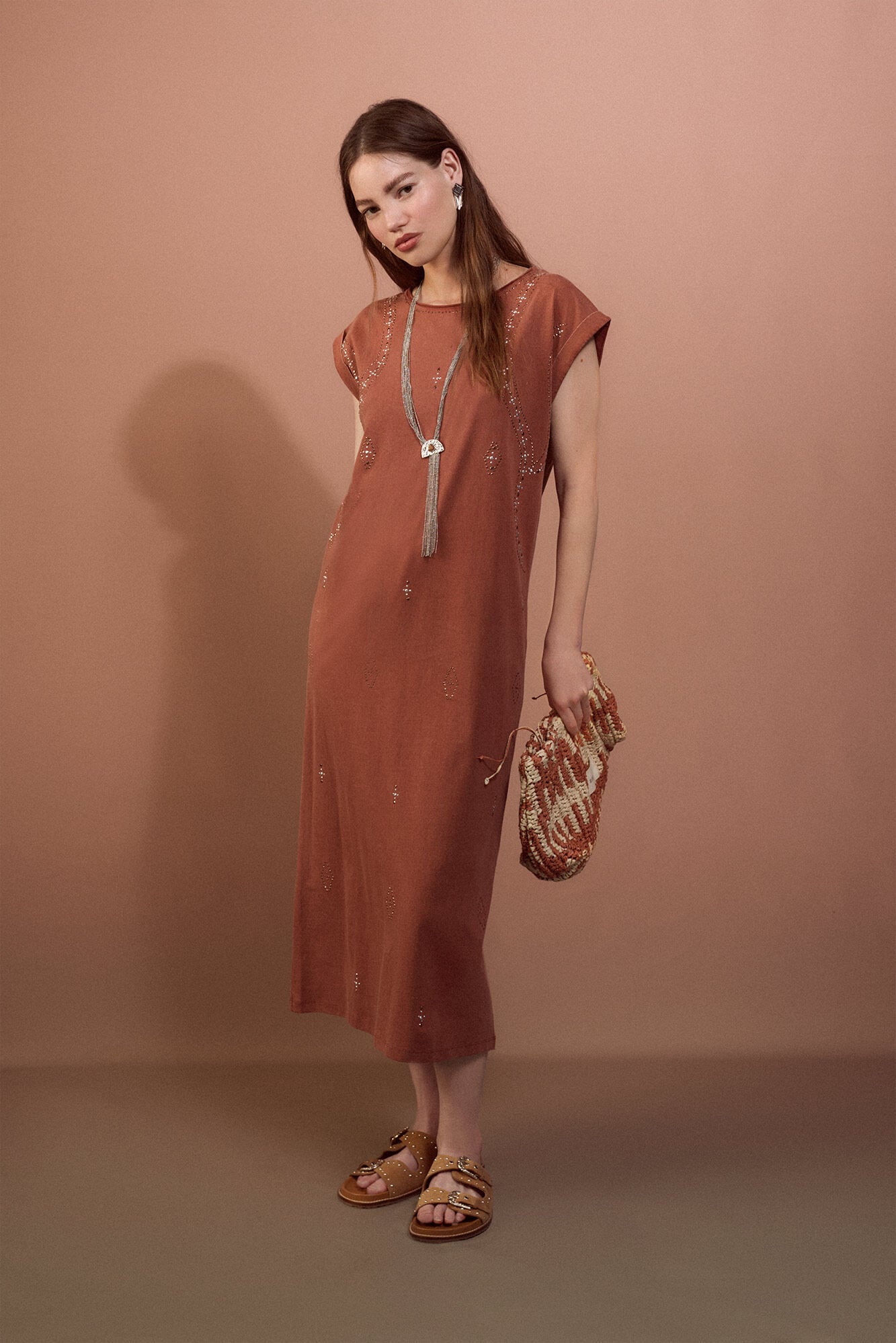 Slowlove Vestido tachas Castanho