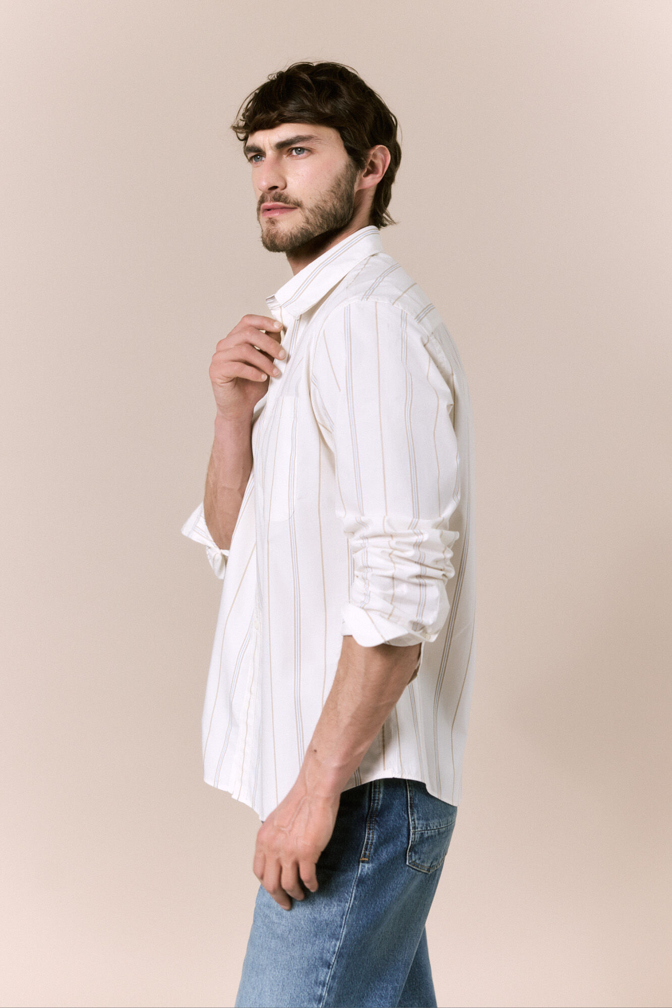 OOTO Camisa &agrave;s riscas manga comprida em popelina Ecru