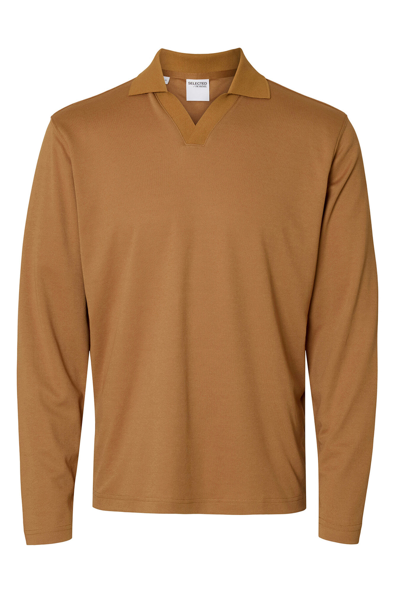 Selected long sleeve organic cotton polo shirt  Dark brown
