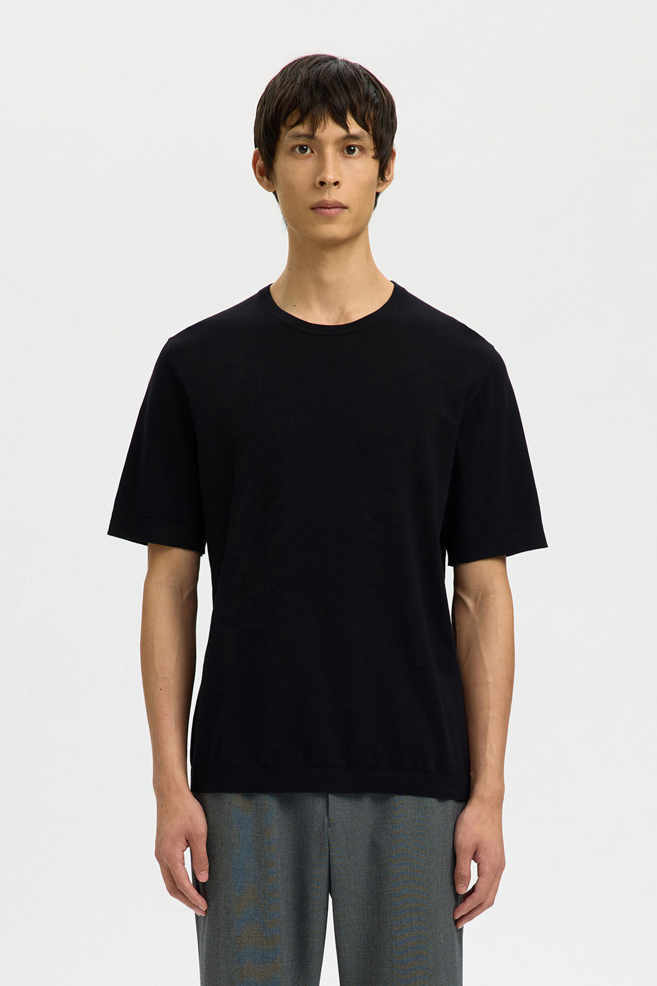 Selected Jersey-knit plain short sleeve men's T-shirt Black