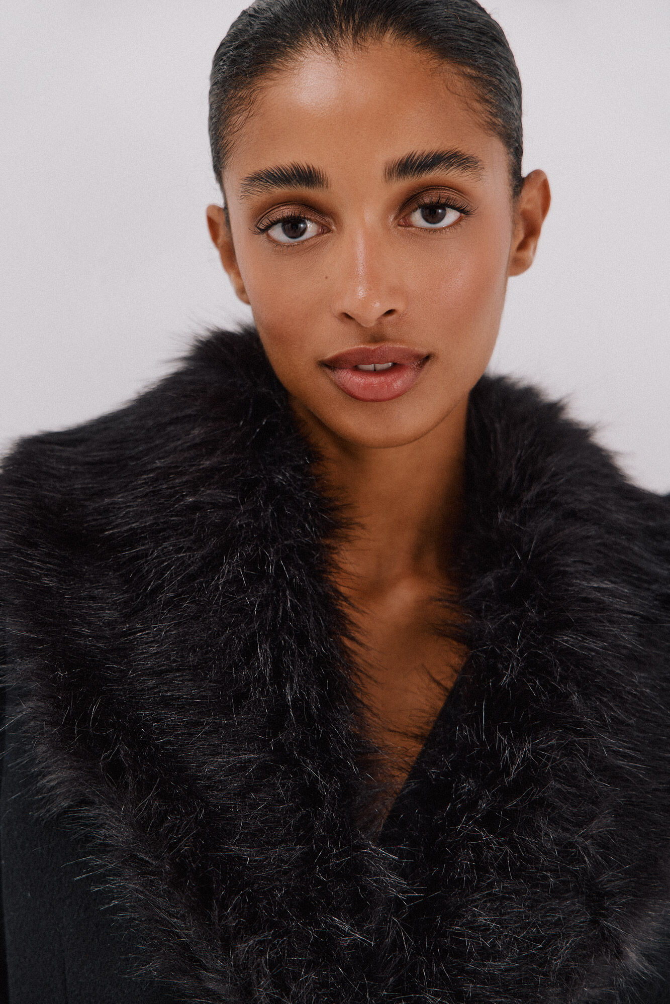 Cortefiel Coat with fur effect detail Black