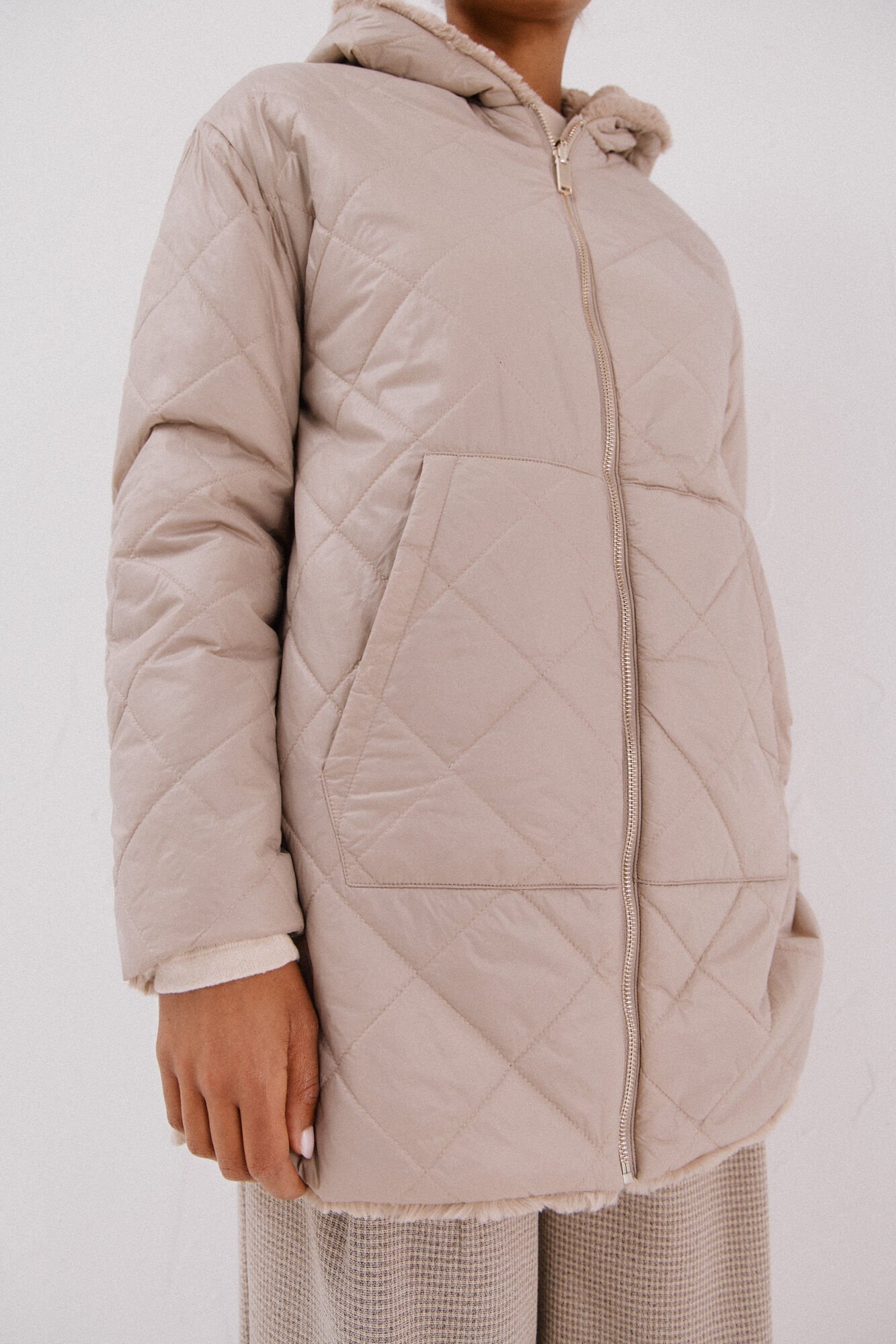 Cortefiel reversible quilted anorak with fur effect Beige