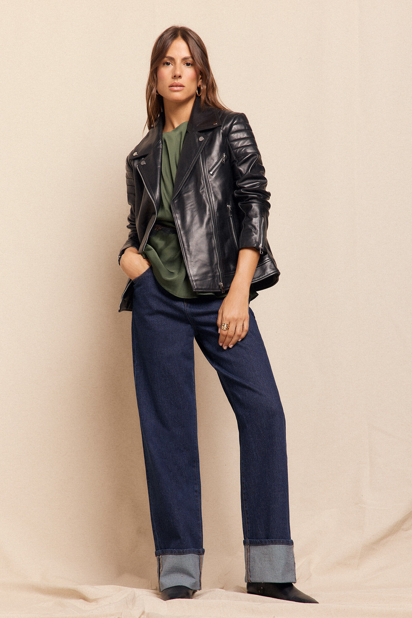 Slowlove Cazadora biker de napa con acolchado en hombros