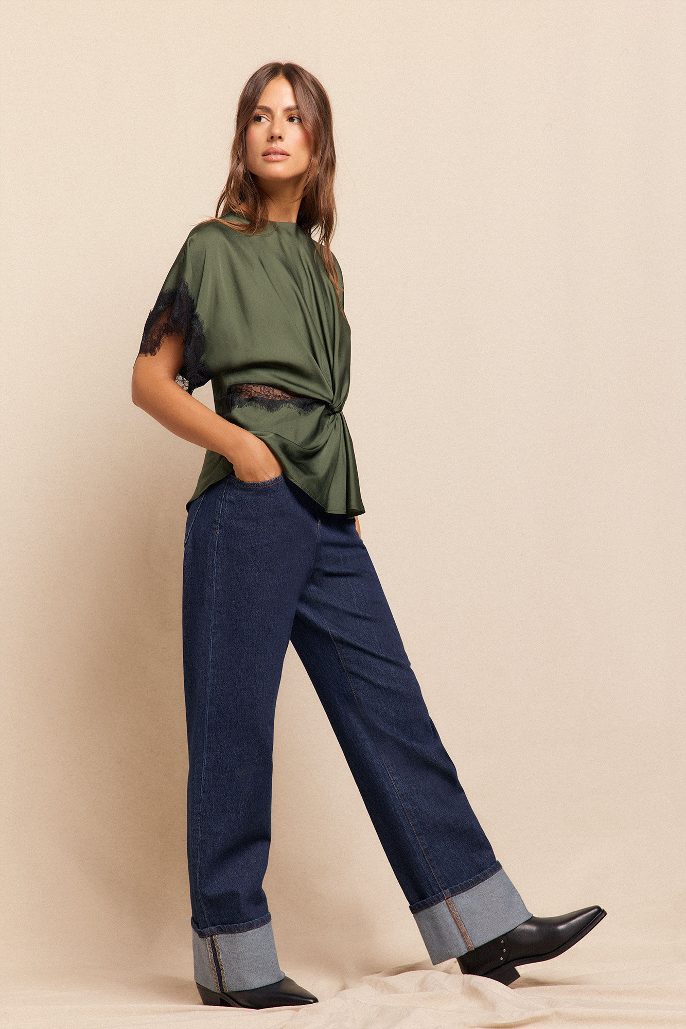 Slowlove Blusa de renda de cetim