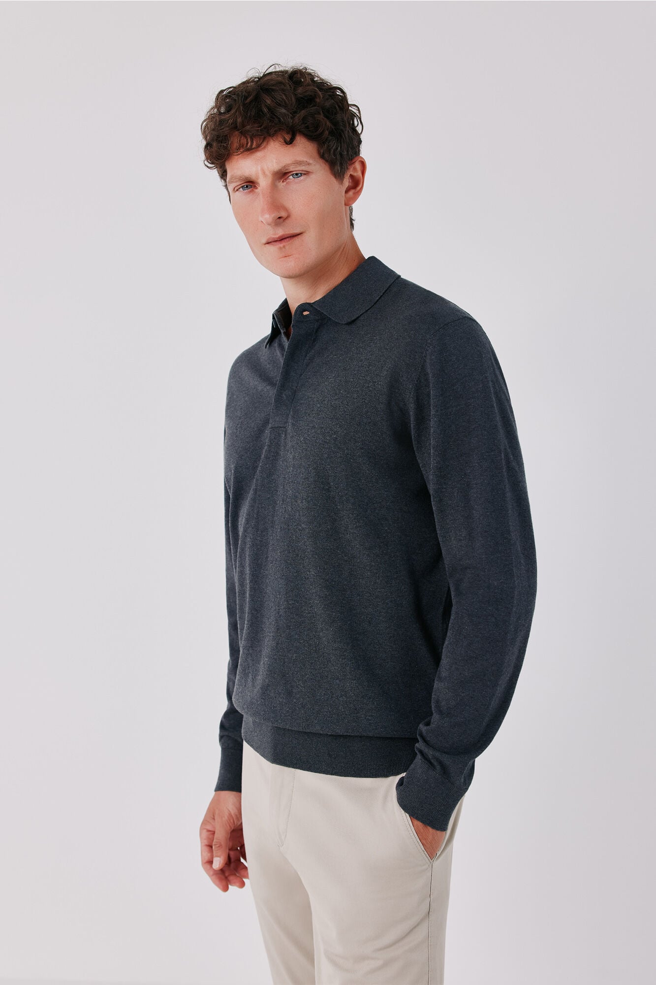 Cortefiel Basic fine knit polo neck jumper Dark grey