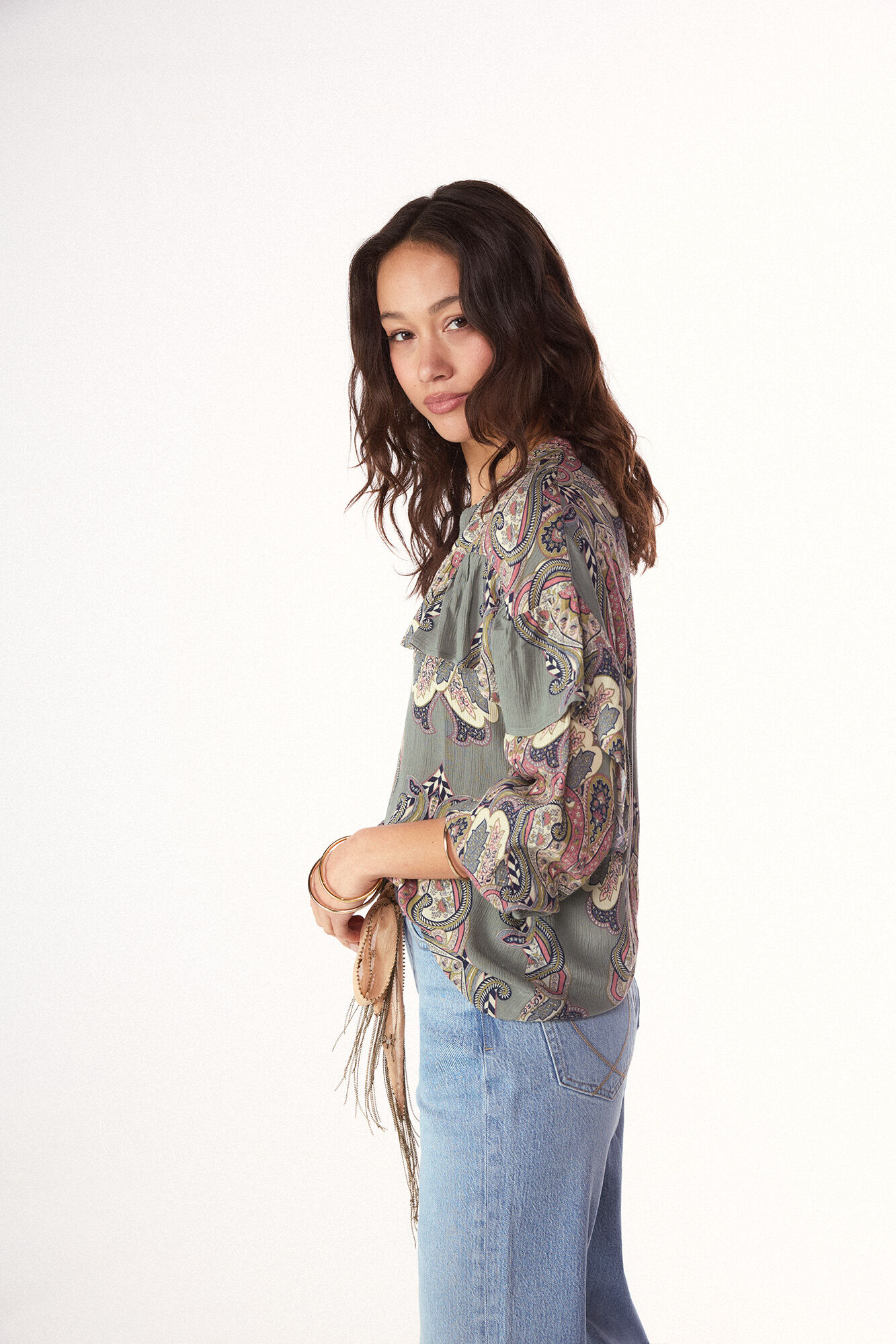 Slowlove Blusa estampada volante Estampado azul