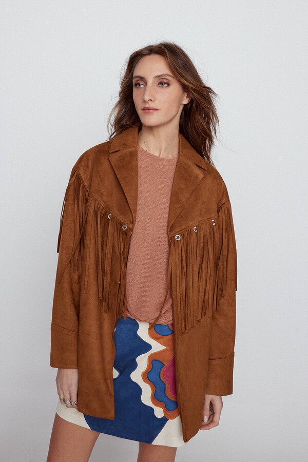 Cortefiel Faux suede overshirt with fringe Beige