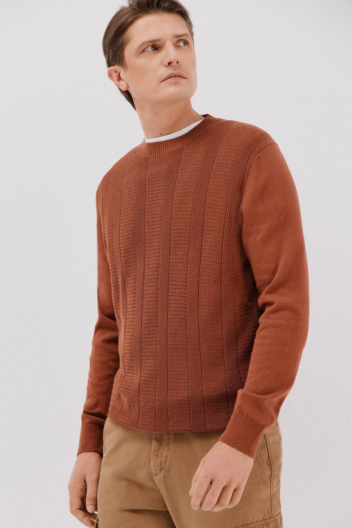 Cortefiel Fine braided cotton crew crew neck sweater Orange