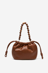 Cortefiel Gathered bag with wooden bead handle Brown