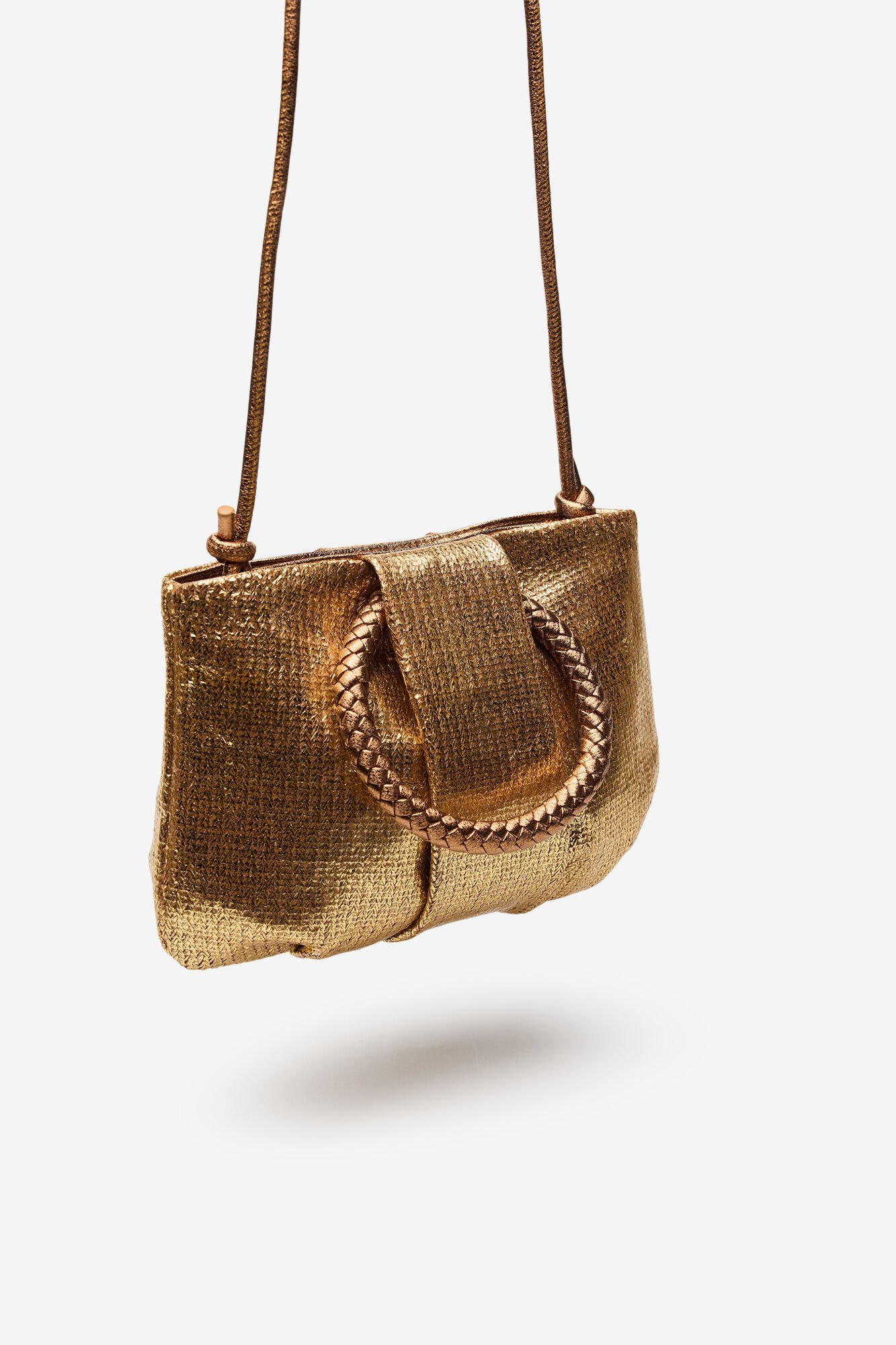 Cortefiel Raffia shoulder bag with braided handle Gold