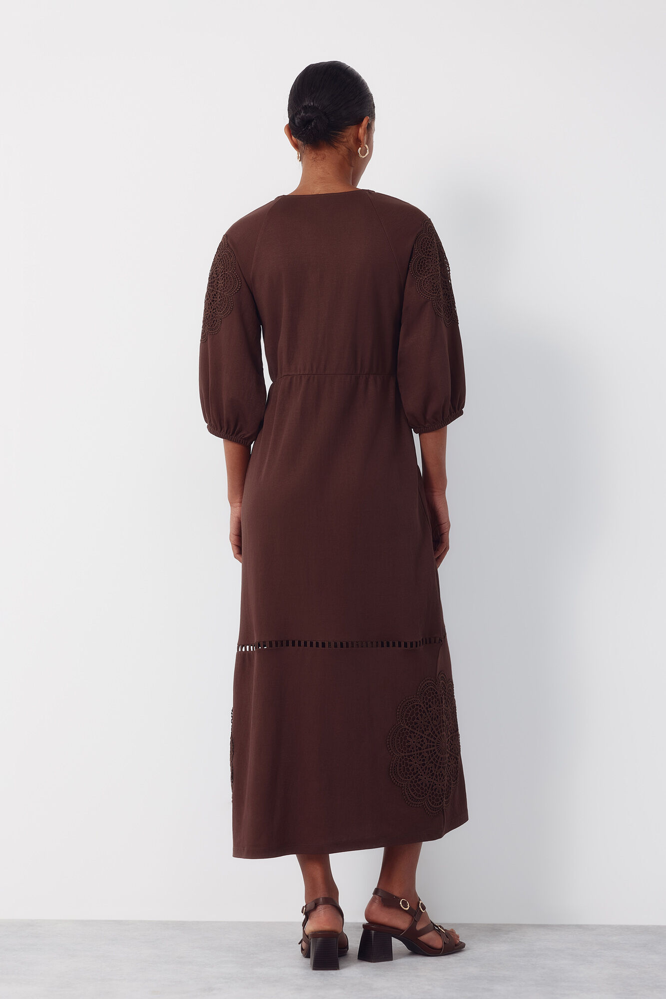 Cortefiel Floral guipure patchwork dress Brown