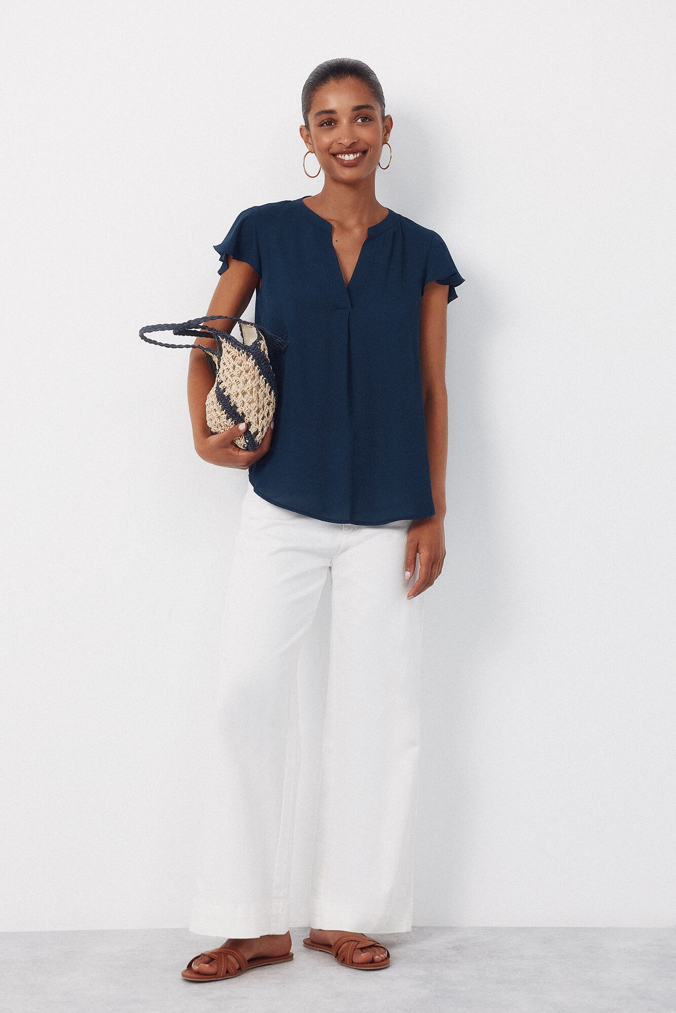 Cortefiel Blusa fluida manga vuelo Azul marino