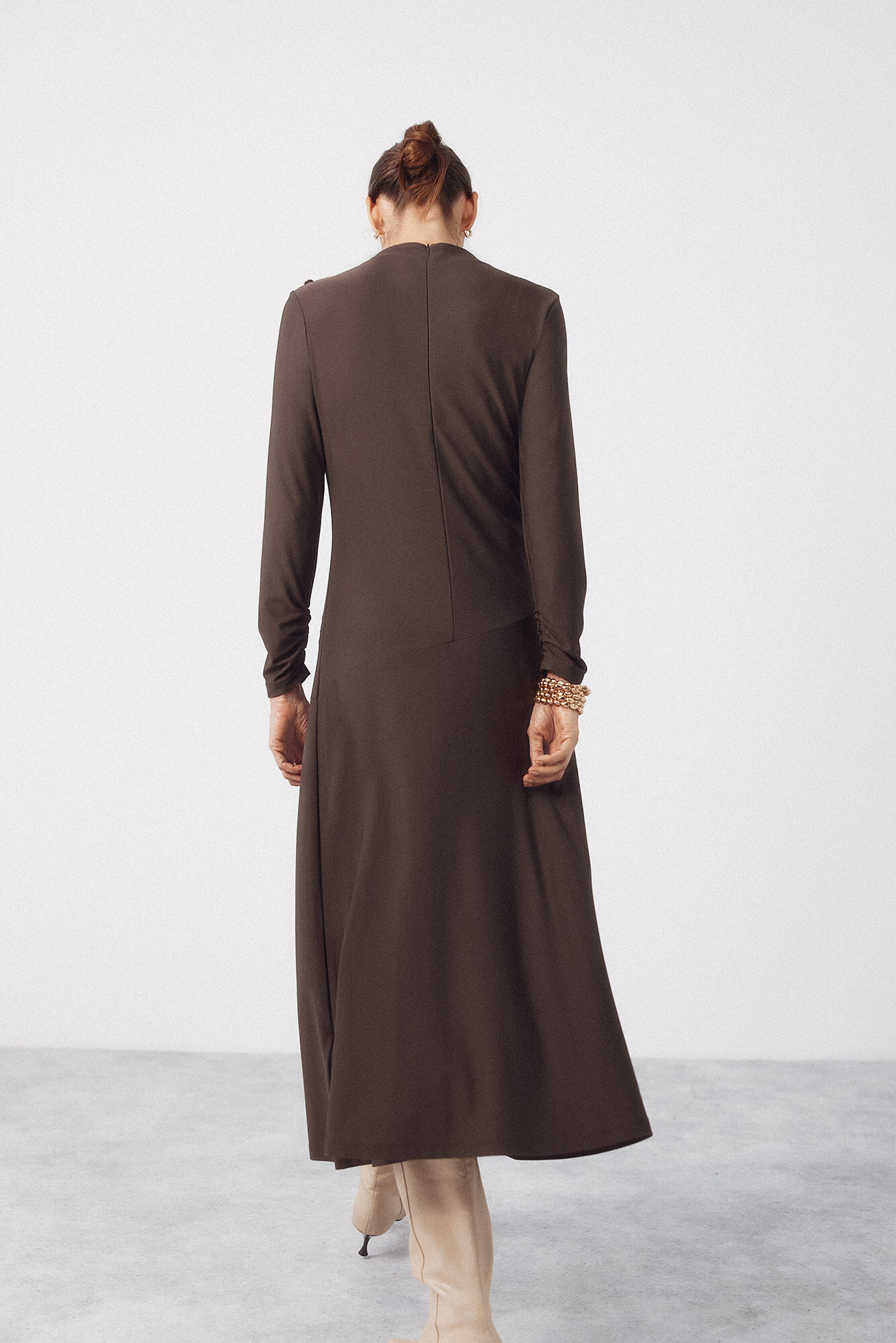 Cortefiel Long dress with gold buttons Brown