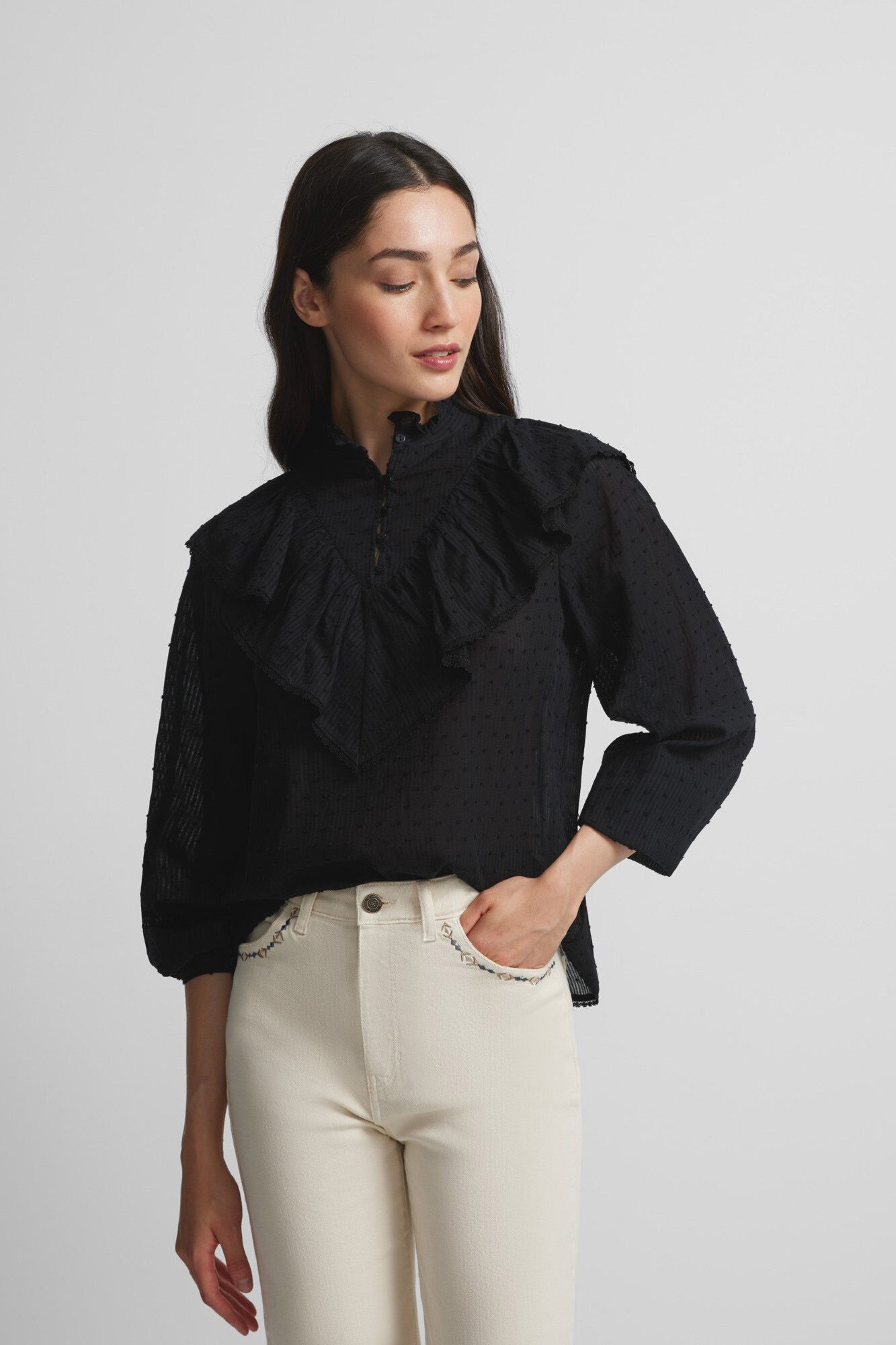 Silbon Blusa bordada volante Negro