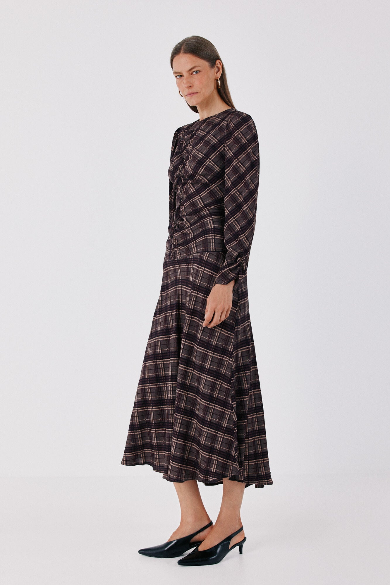 Cortefiel Plaid print ruched dress Printed grey