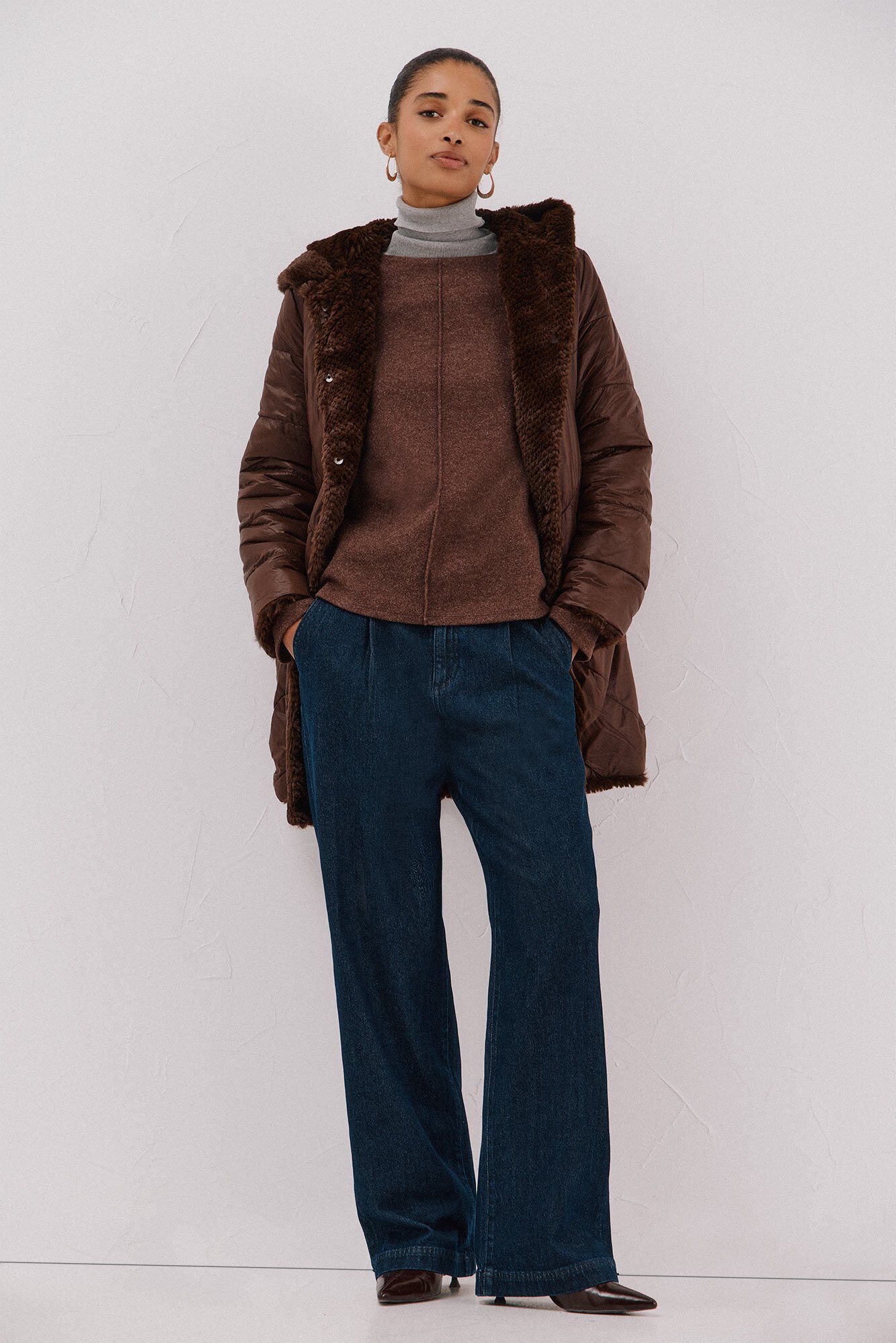 Cortefiel Long reversible faux fur coat Dark brown