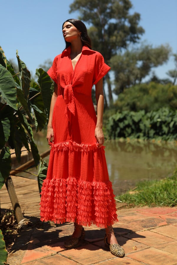 fringed linen dress Shimmer Linen Crochet Trim Pearl Embellished Square Neck Fringe Dress - Gold