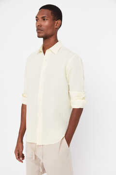 Cortefiel Plain linen cotton shirt Yellow