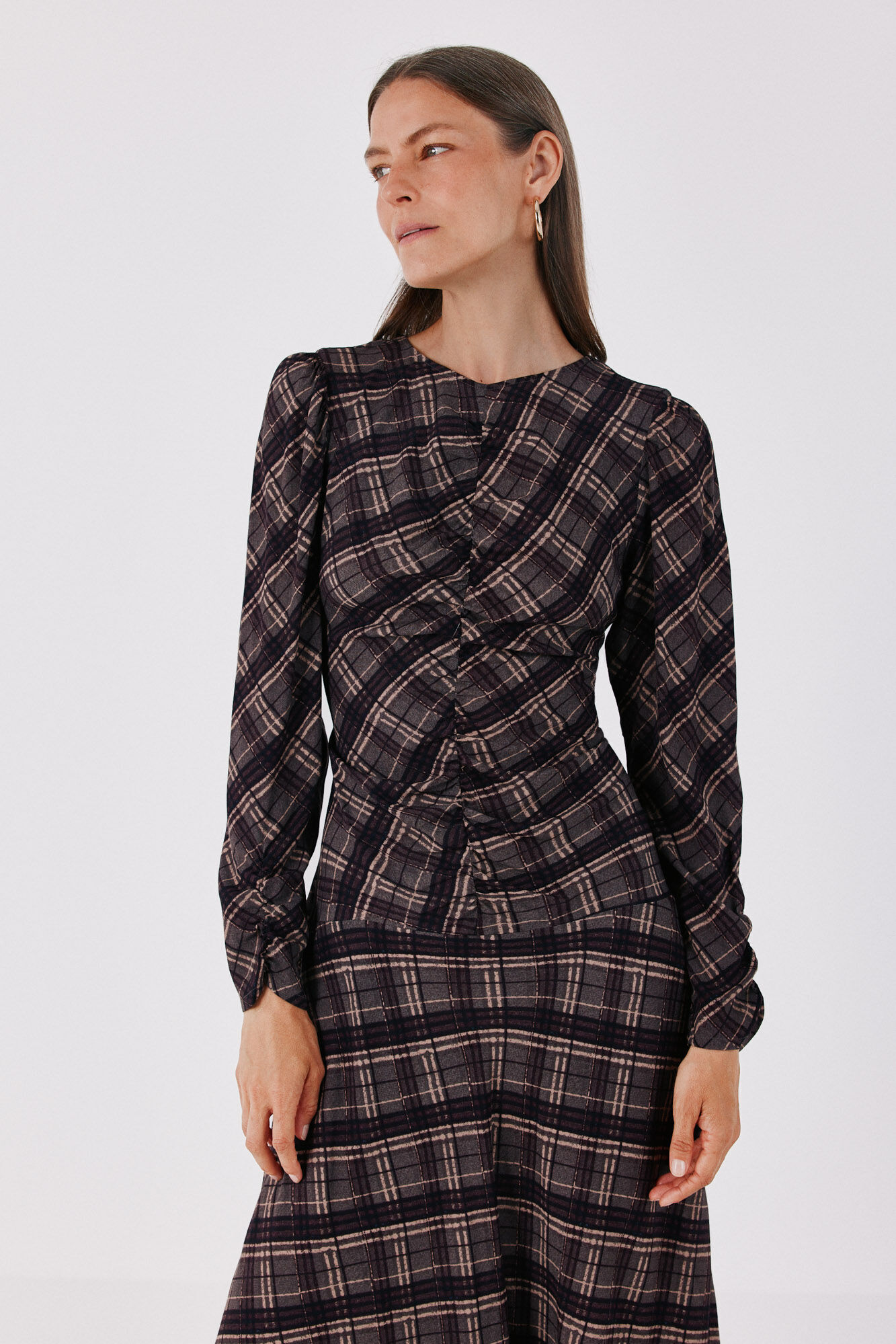 Cortefiel Vestido estampado cuadros frunces
