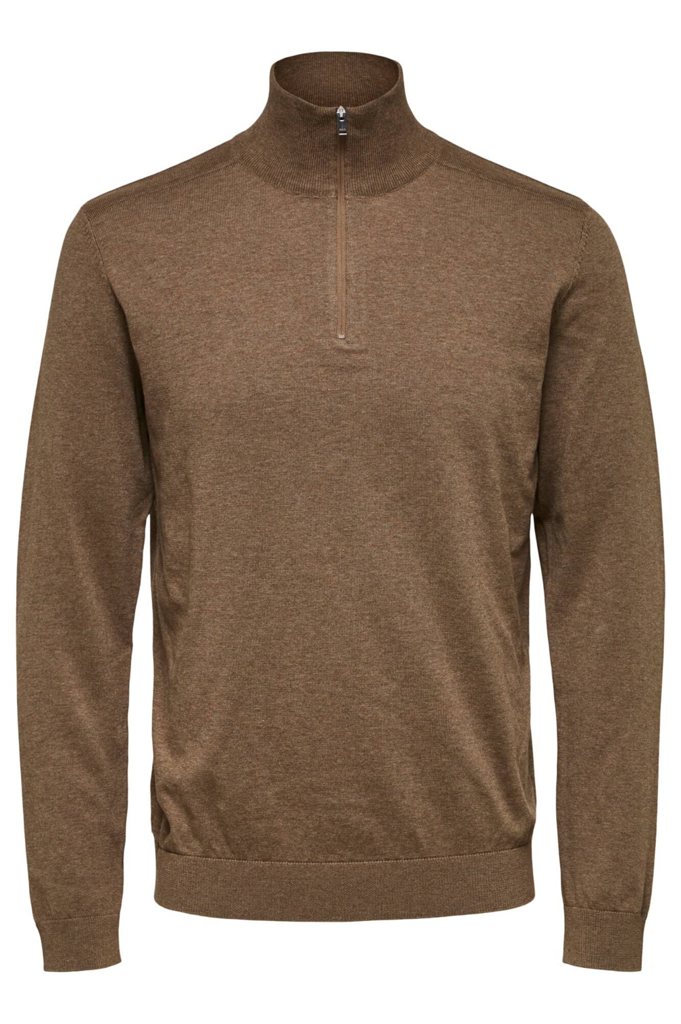 Selected Camisola de malha com meio fecho-&eacute;clair 100% algod&atilde;o Castanho