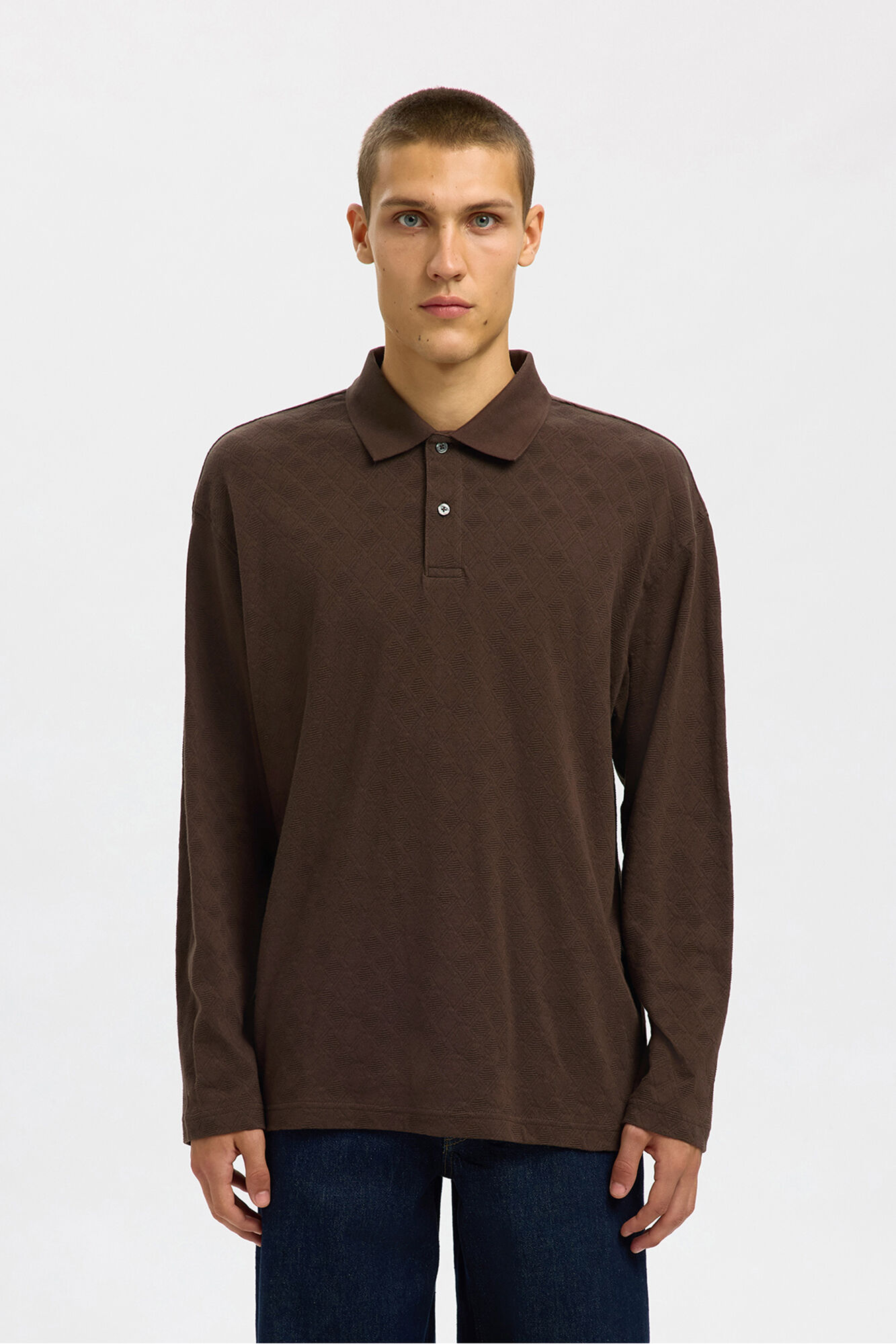 Selected Polo jacquard de manga manga 100% algod&atilde;o org&acirc;nico Castanho