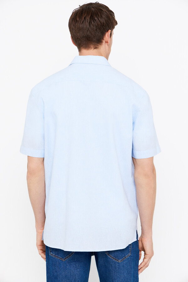 Cortefiel Camisa linho algodão liso manga curta Azul