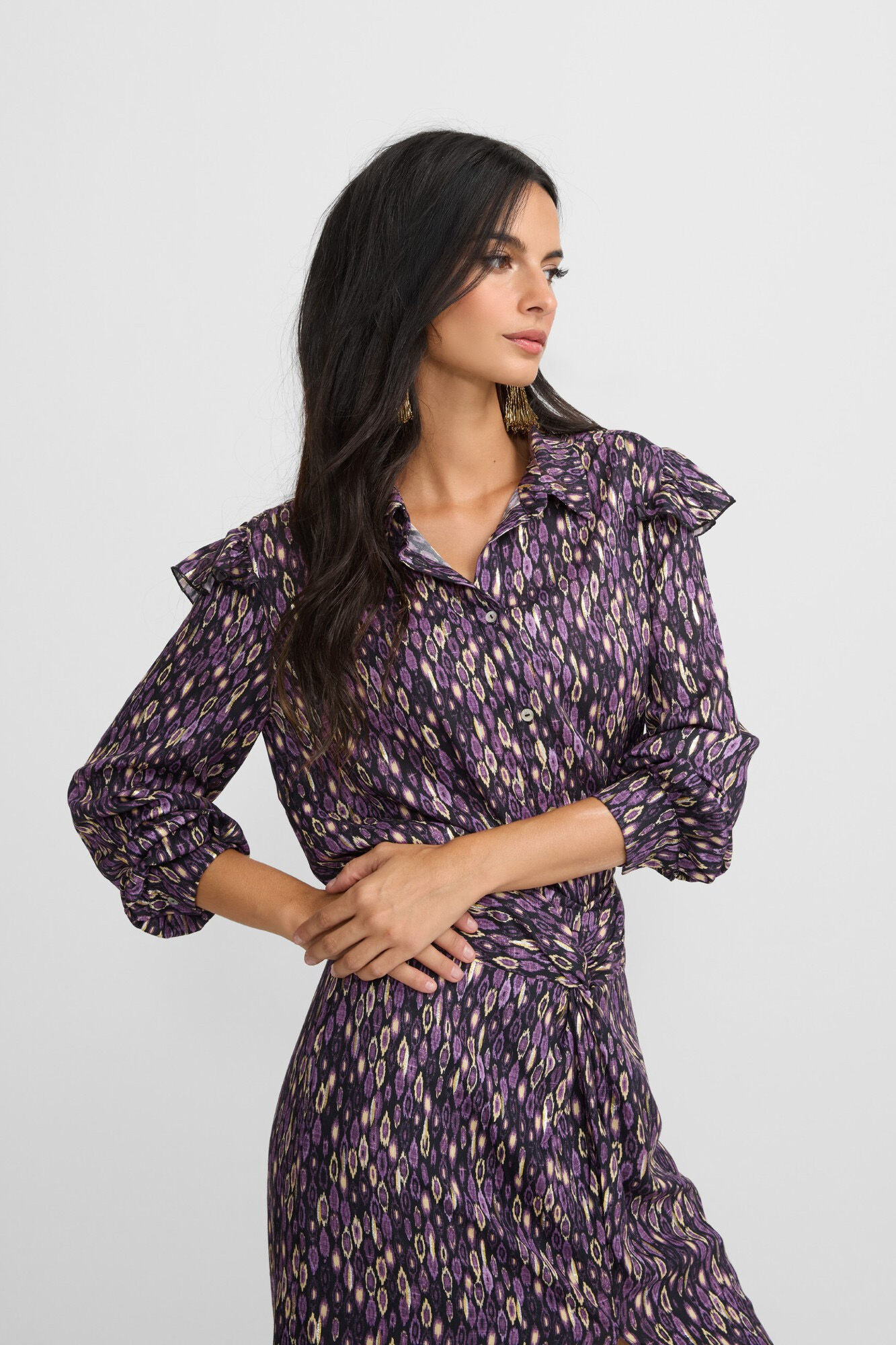 Silbon Camisa com babados e estampado Ikat no ombro Roxo