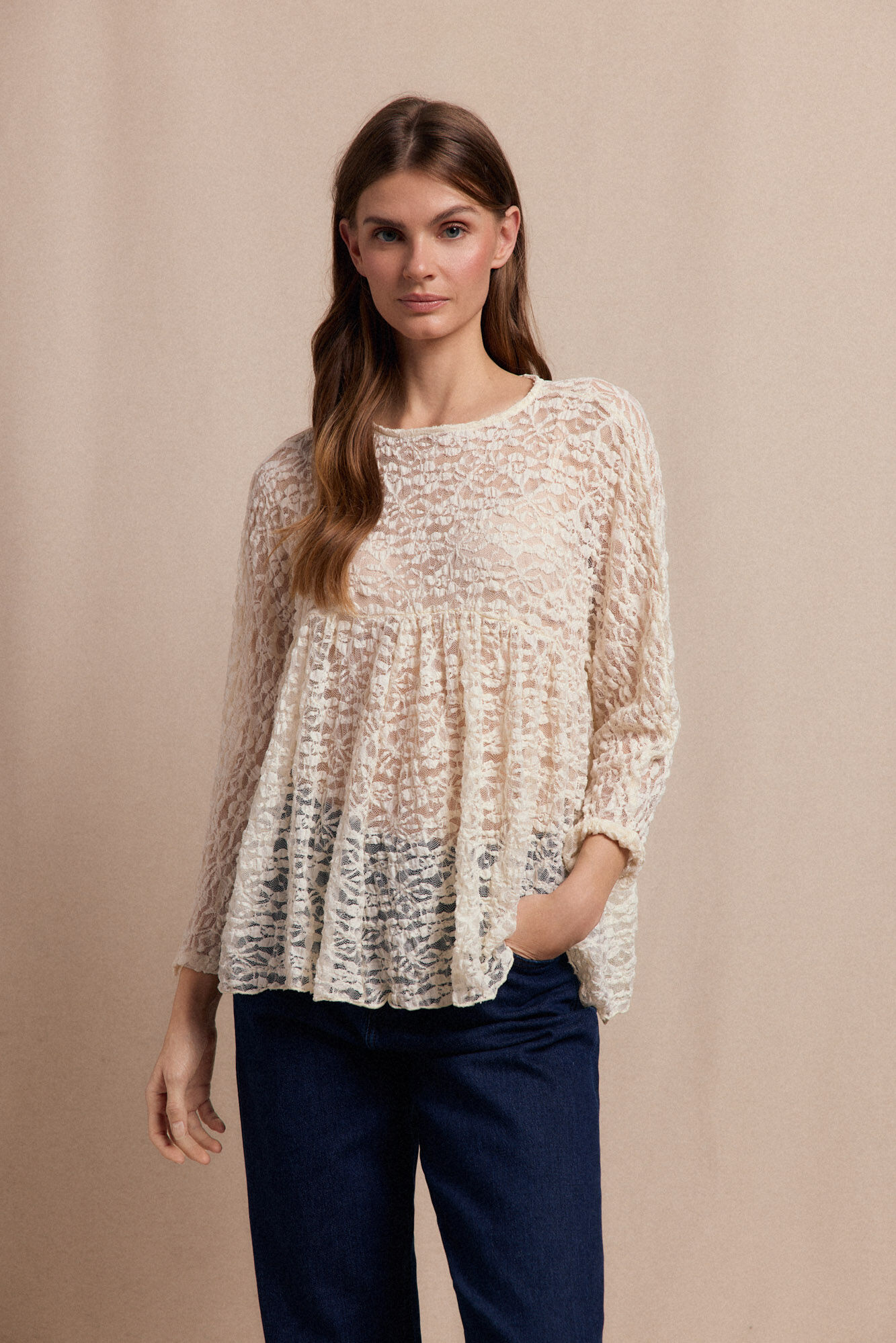 Slowlove Top encaje capa Marfil