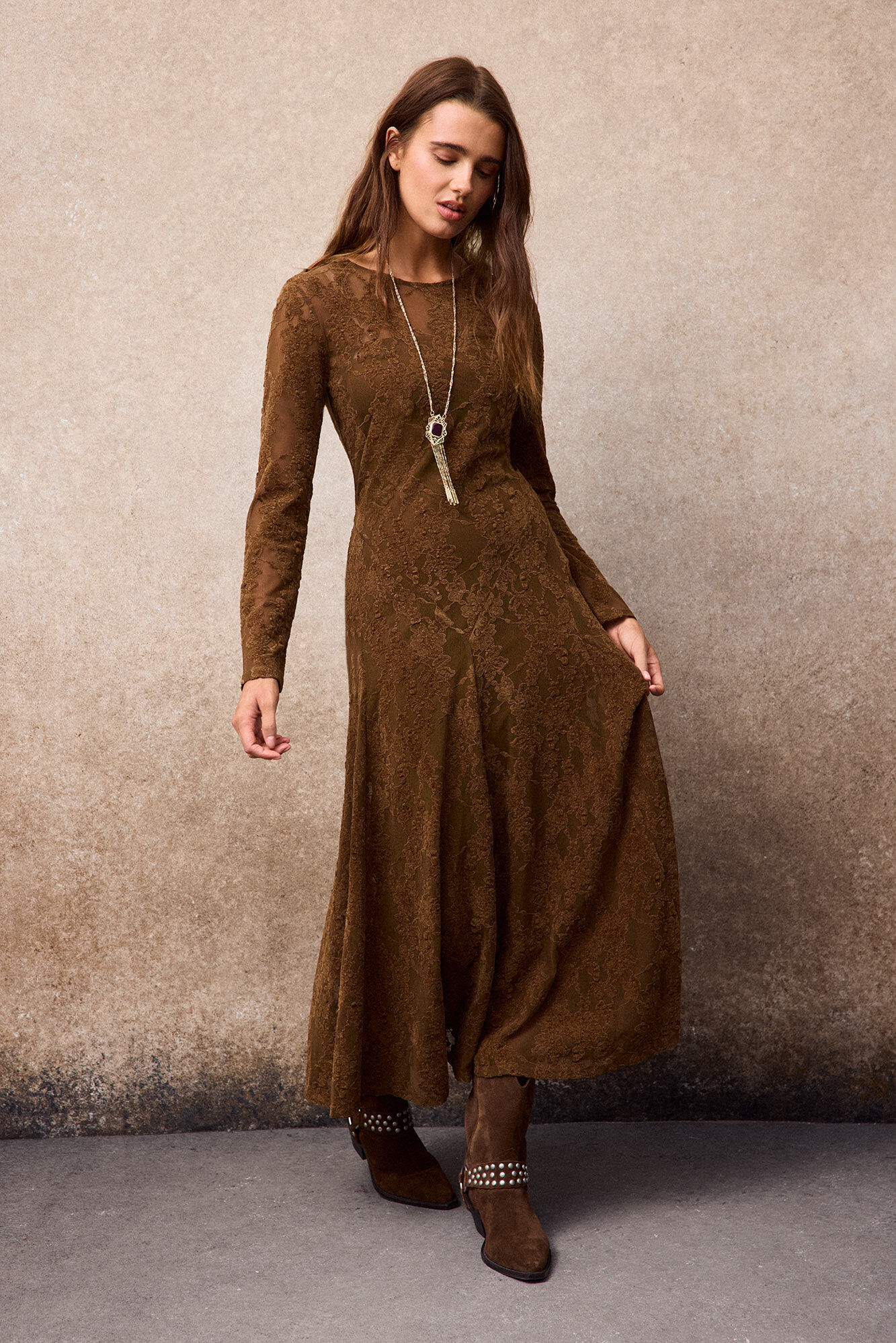 Slowlove Vestido em renda com folho