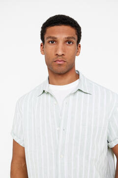 Cortefiel Striped short-sleeved linen and cotton shirt Dark green