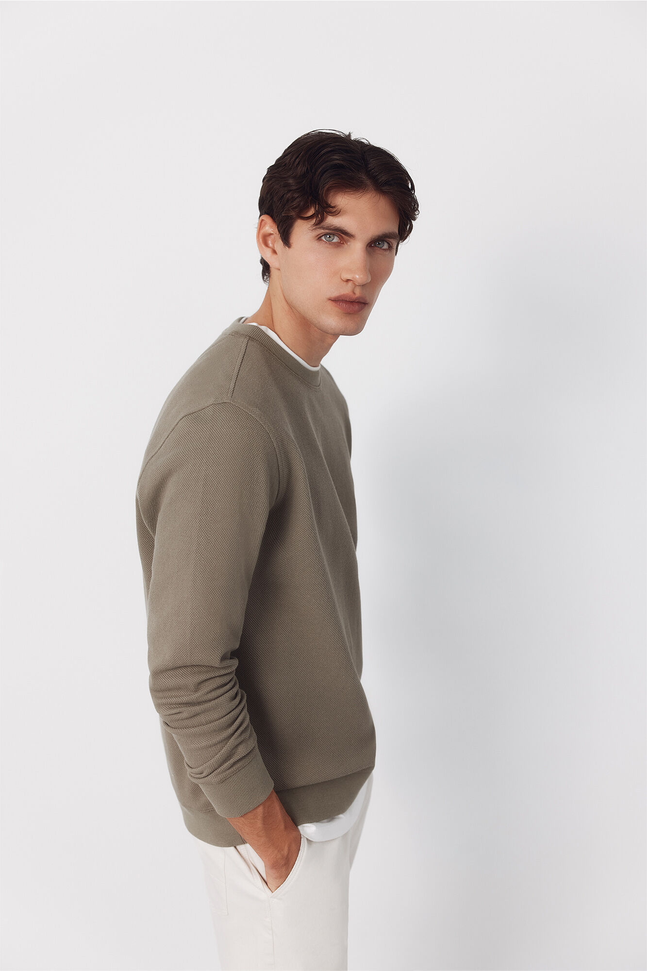 Cortefiel Textured crew neck sweatshirt Kaki