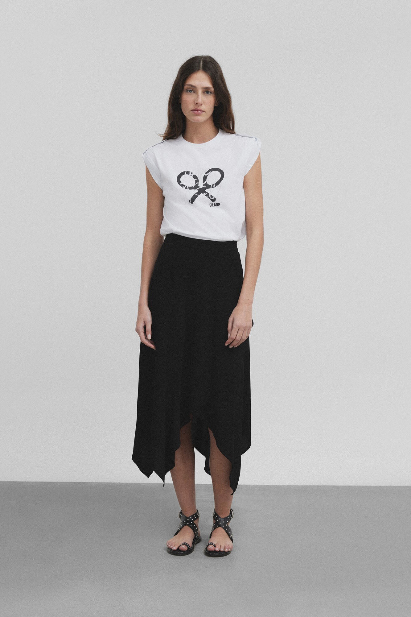 Silbon Women's roll-out sleeve T-shirt  White