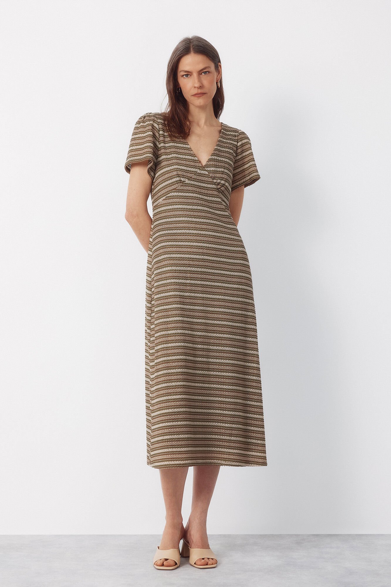 Cortefiel Striped structured dress Kaki
