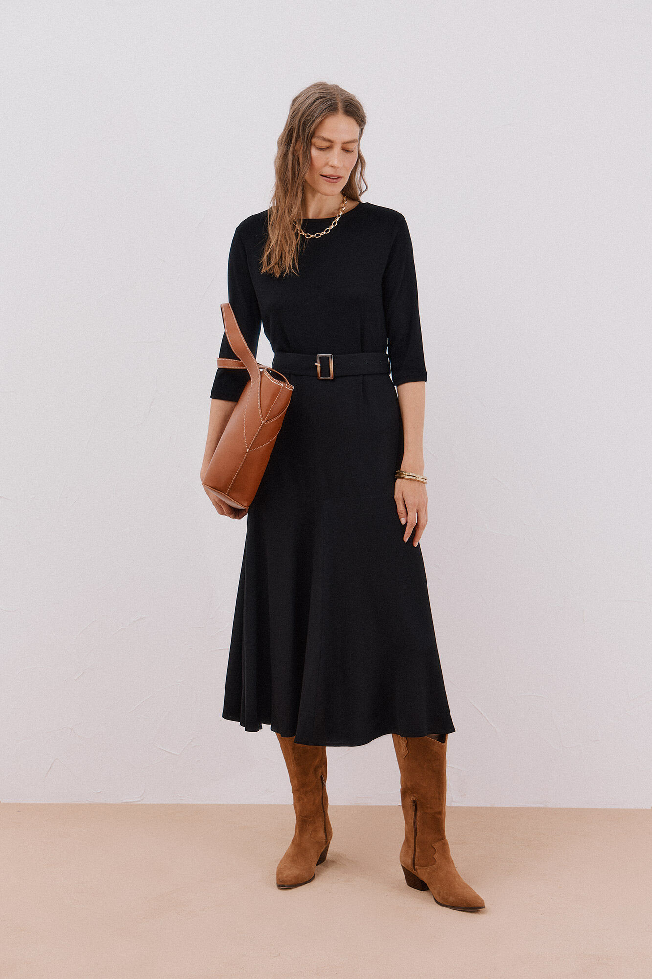 Cortefiel Vestido combinado com cinto Preto