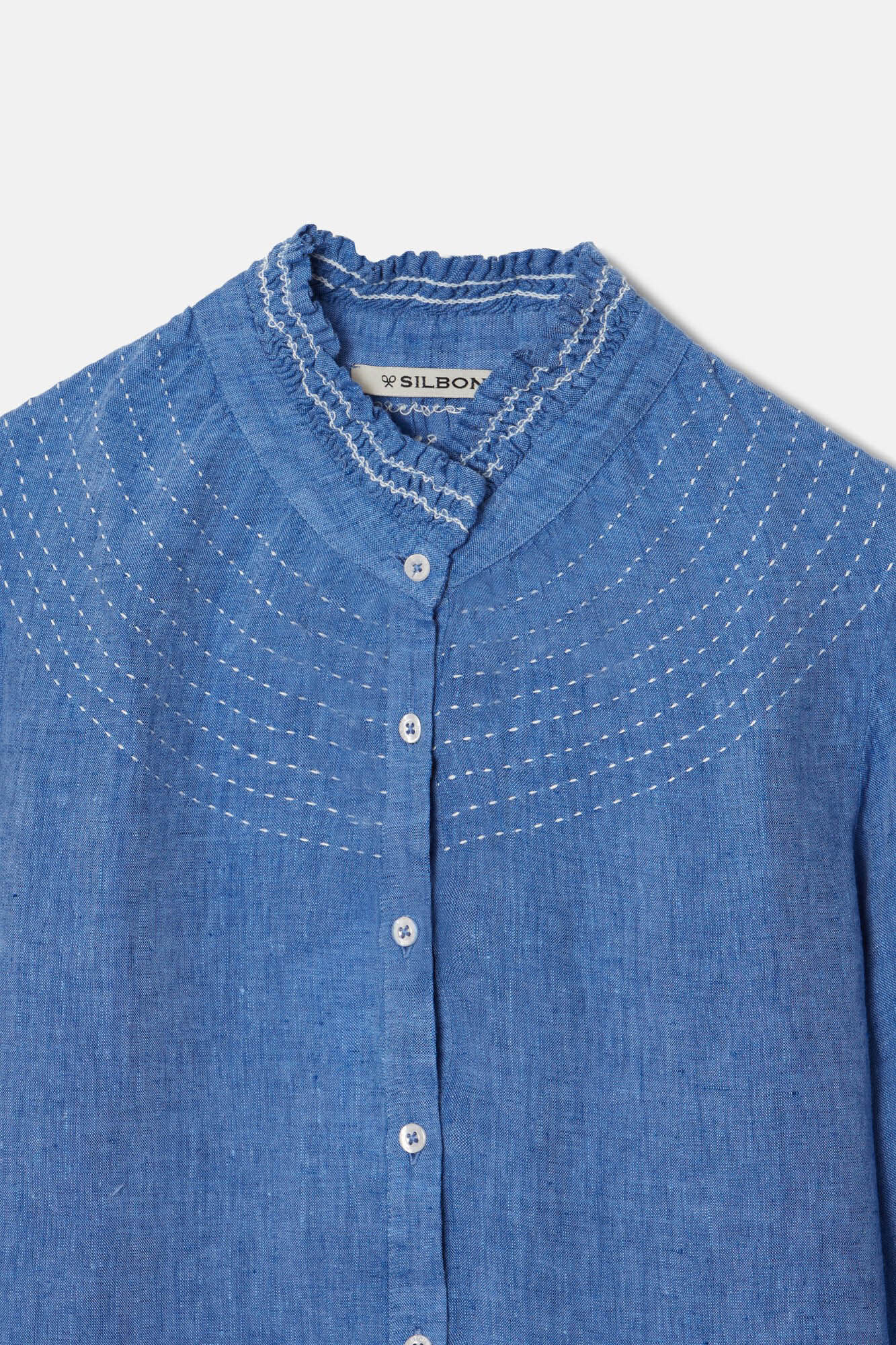 Silbon Linen gathered shirt with 3/4 length sleeves  Blue