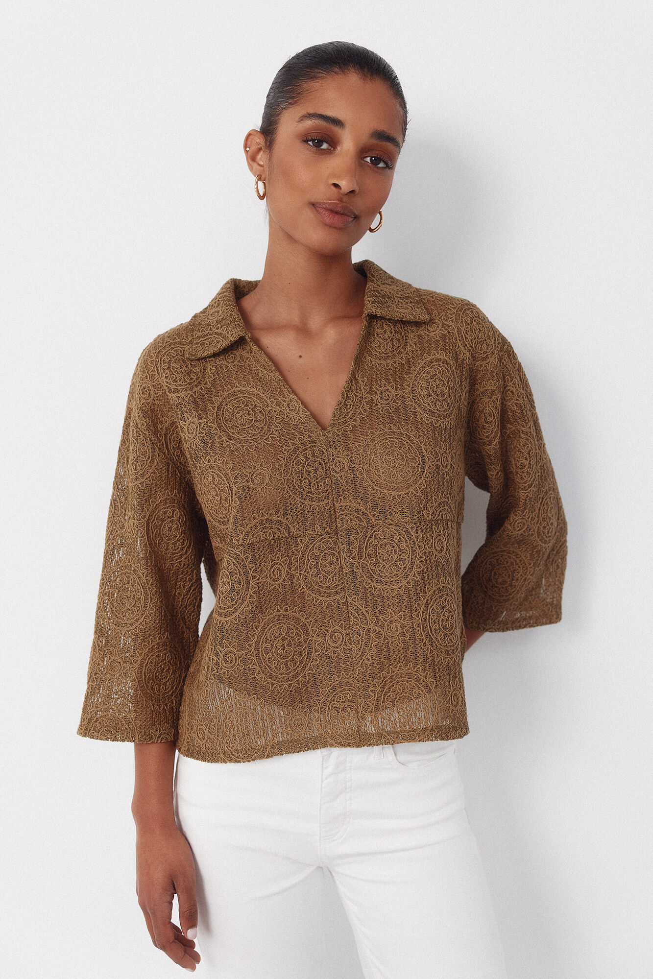 Cortefiel Embroidered rustic polo shirt Kaki