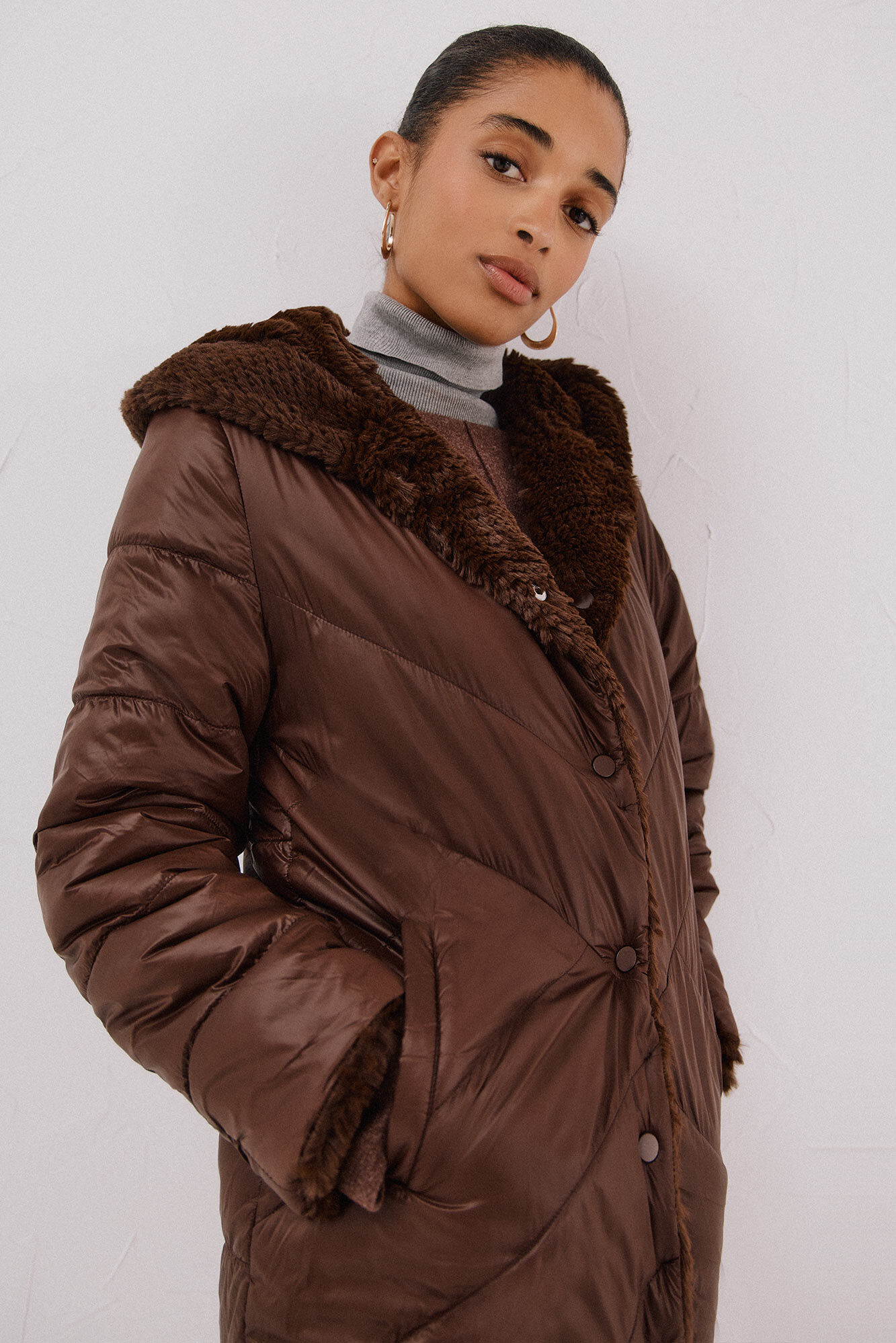 Cortefiel Long reversible faux fur coat Dark brown