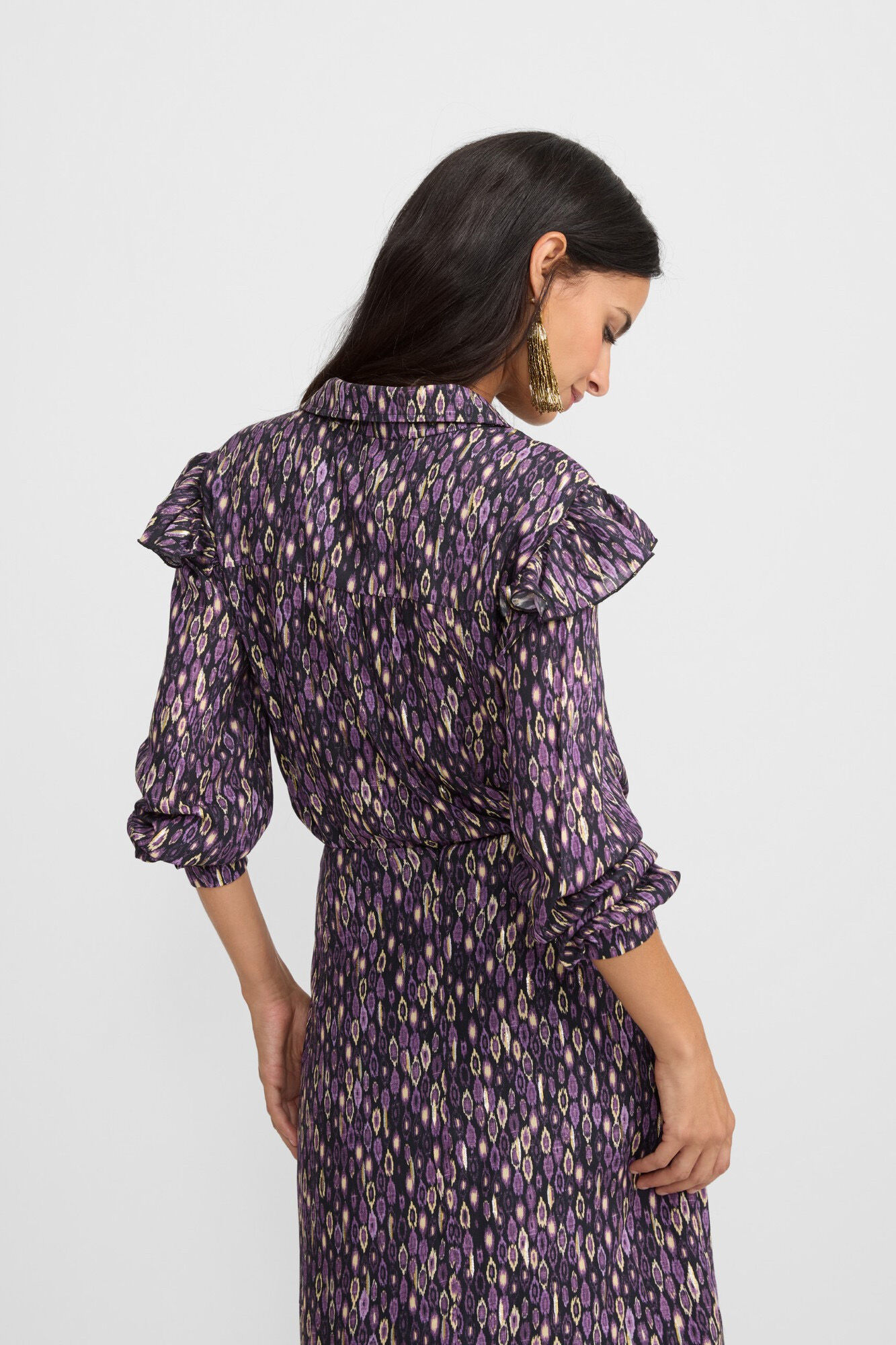 Silbon Camisa com babados e estampado Ikat no ombro Roxo