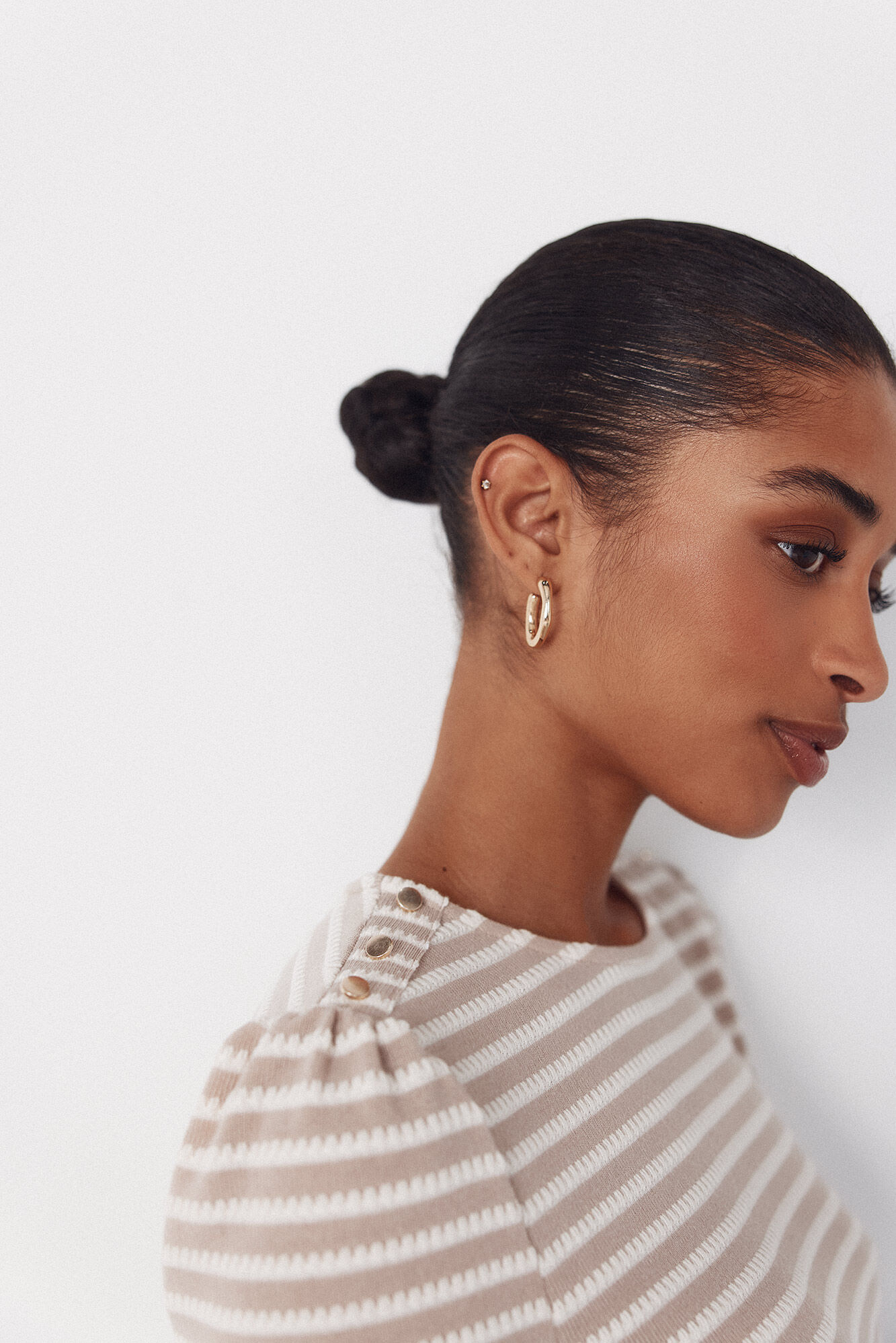 Cortefiel Striped structured t-shirt Beige