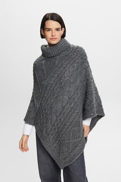 Cortefiel Jersey-knit polo neck poncho with wool Grey