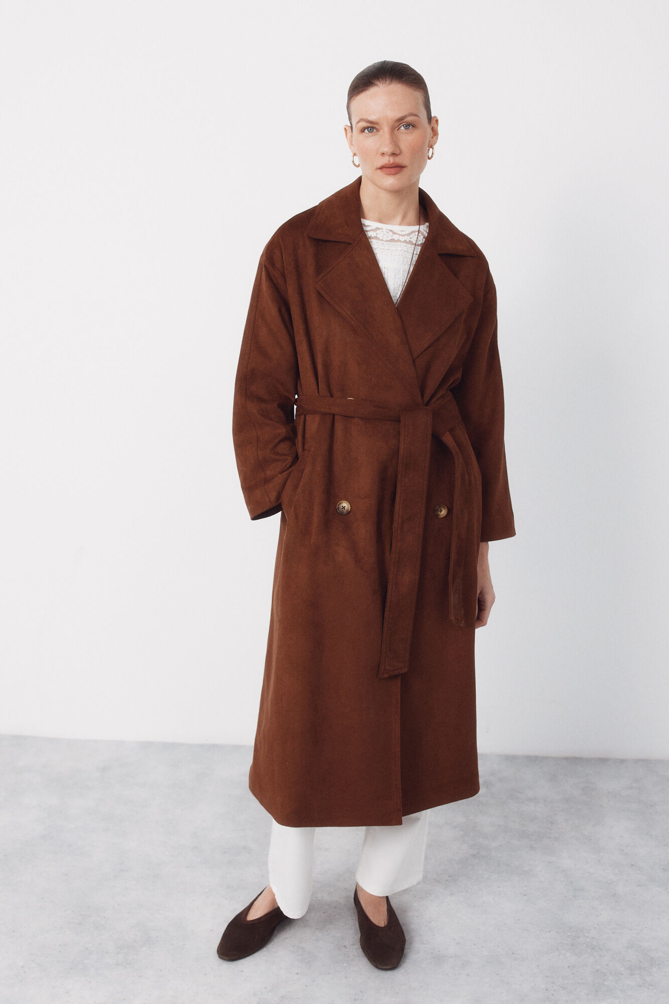 Cortefiel Long trench coat with suede effect Brown