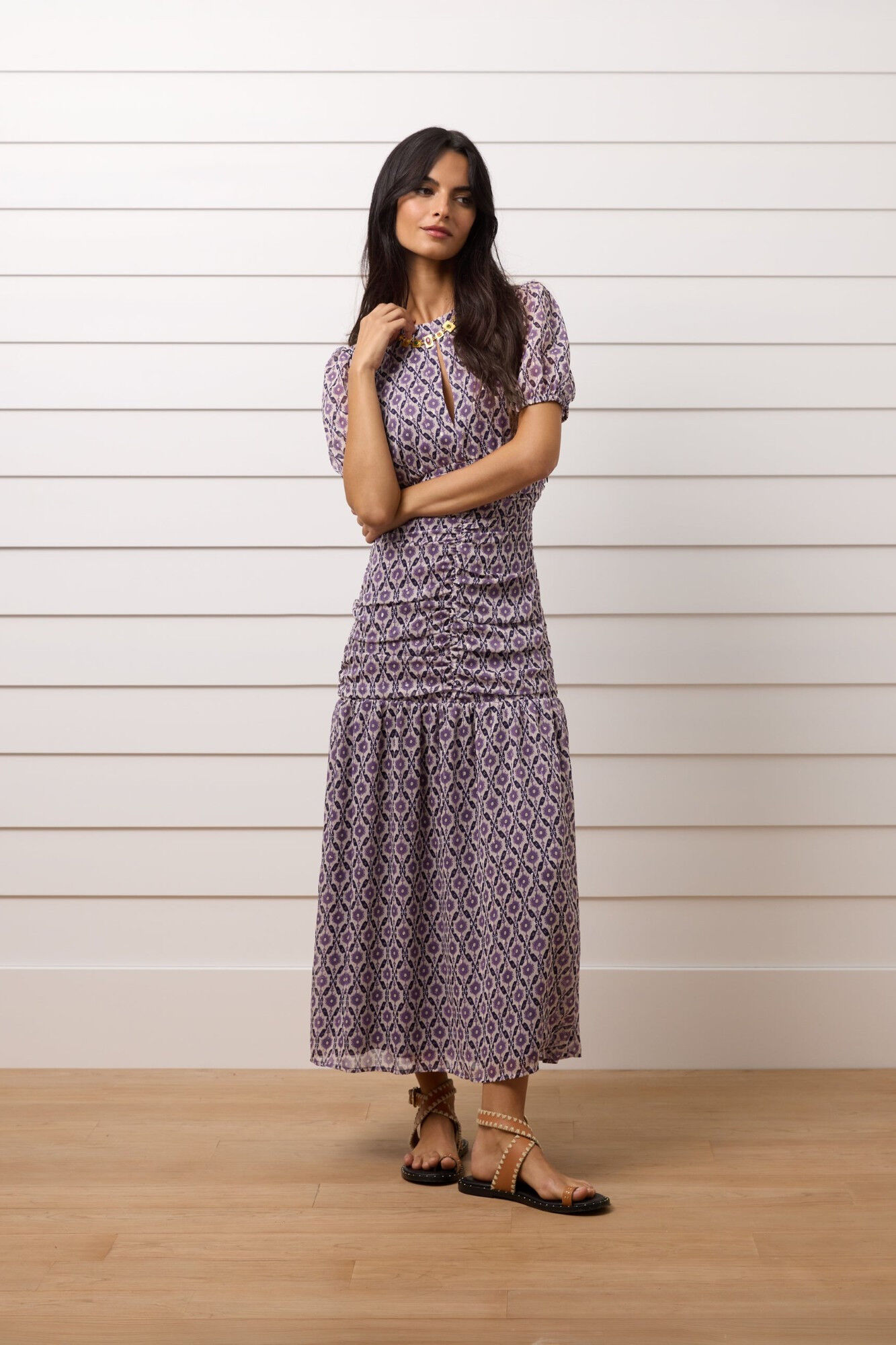 Silbon Vestido longo estampado franzido