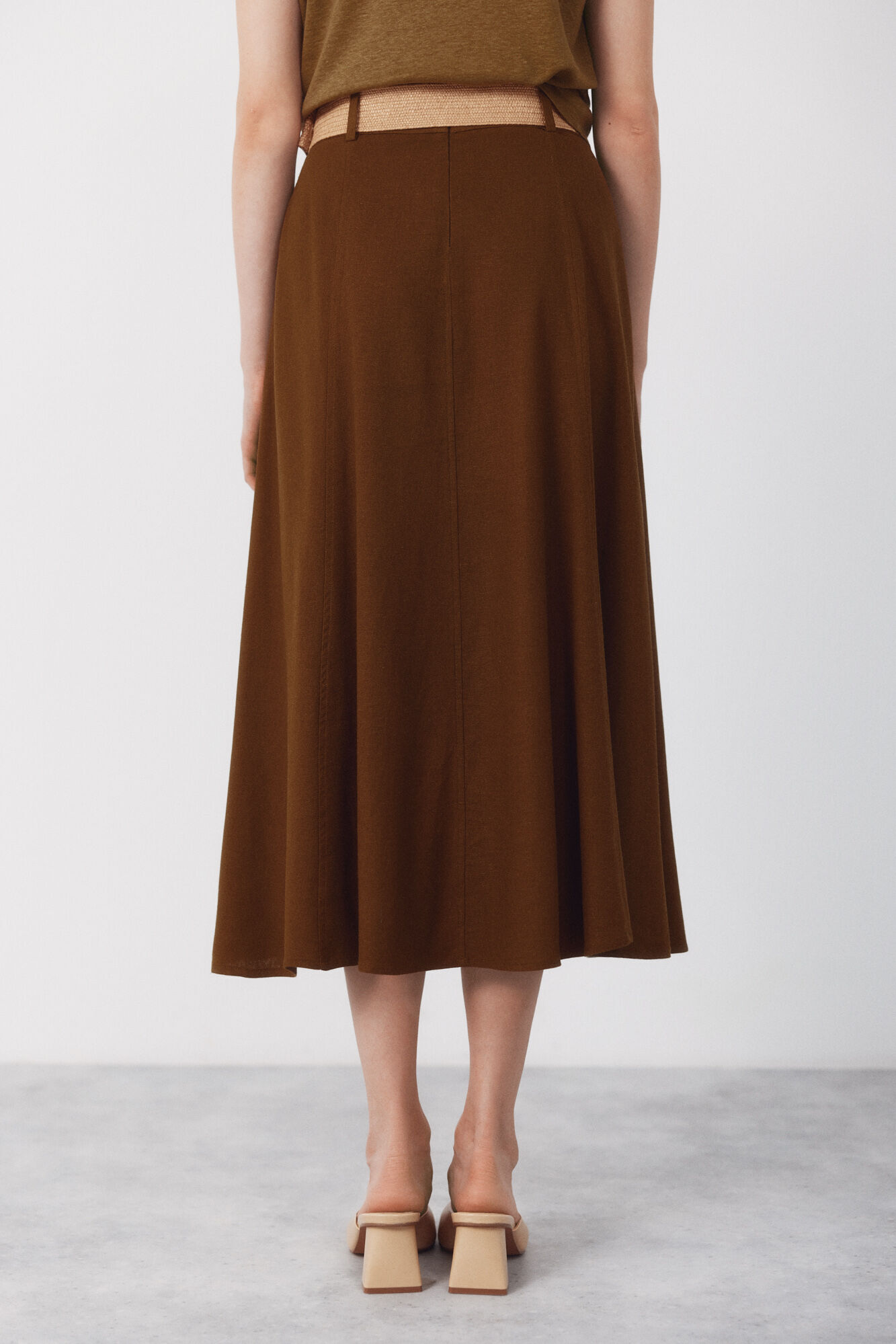 Cortefiel Flared skirt with belt Kaki