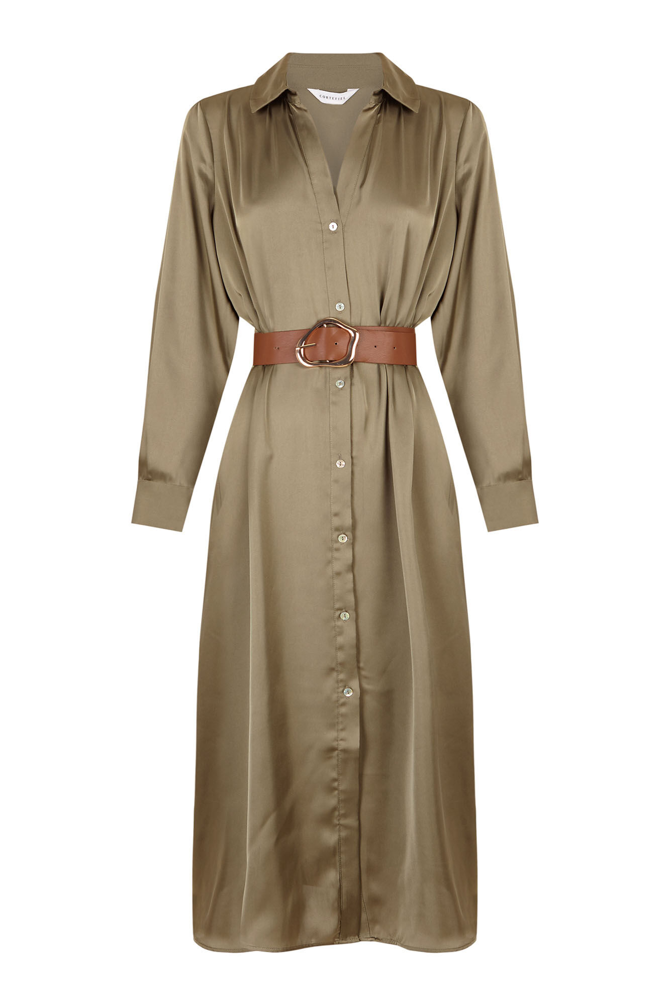 Cortefiel Vestido satinado camisero Kaki