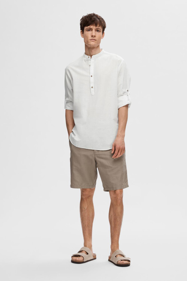 Cortefiel Camisa de cuello mao y manga multiposición confeccionada con lino y algodón reciclado. Blanco 