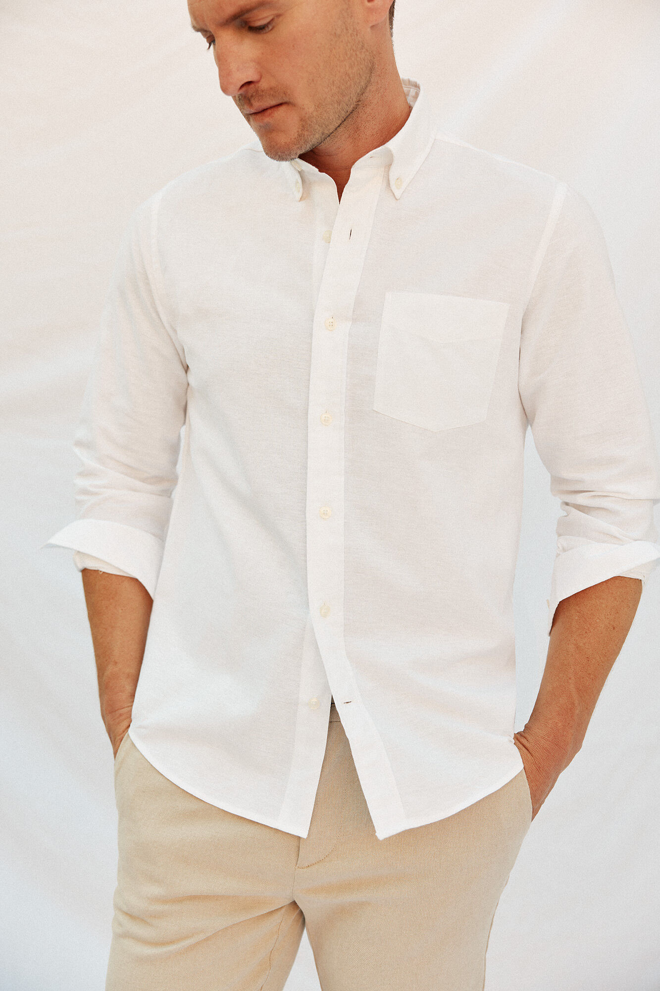 Cortefiel Plain linen/cotton shirt White