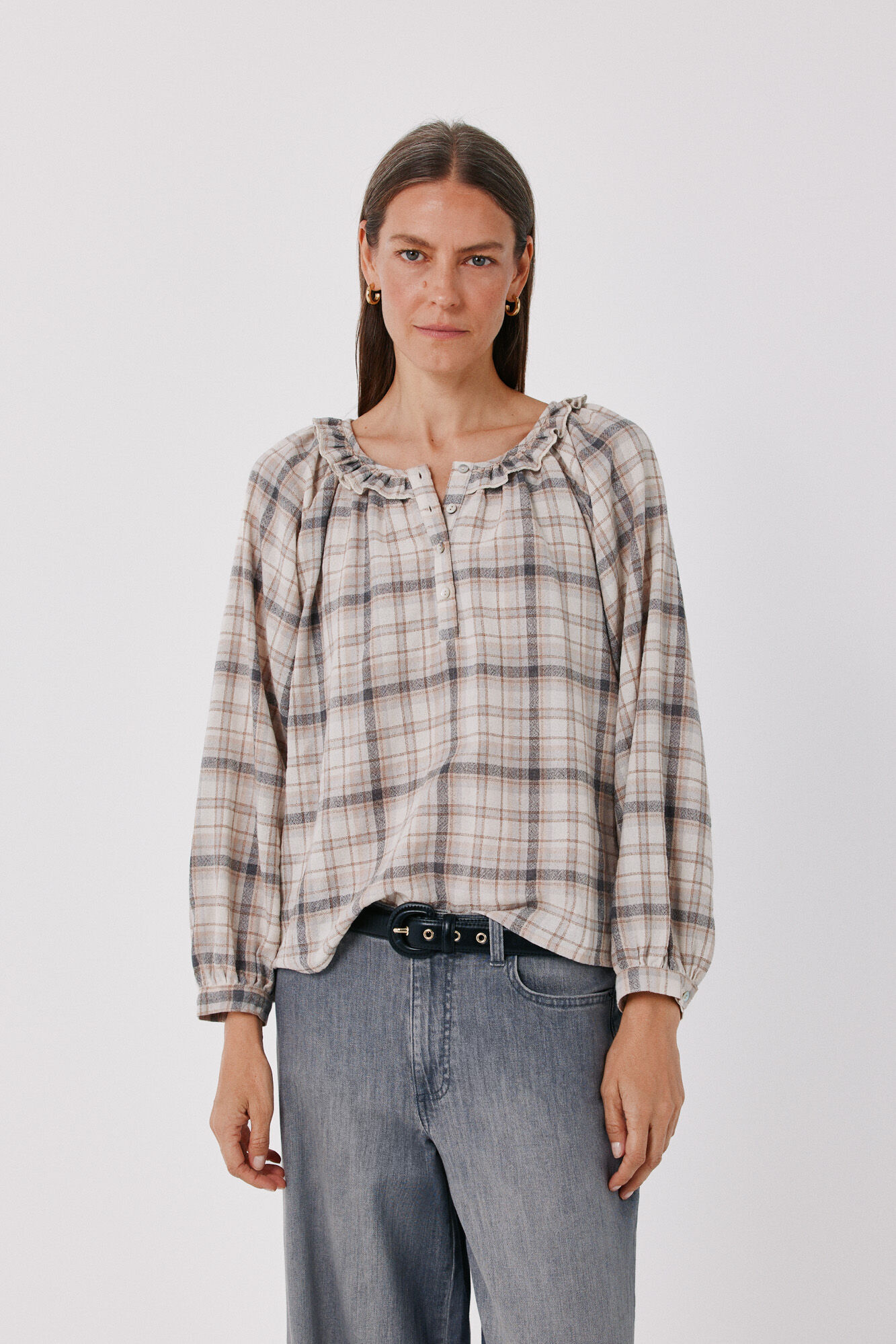 Cortefiel Rustic plaid blouse Printed beige
